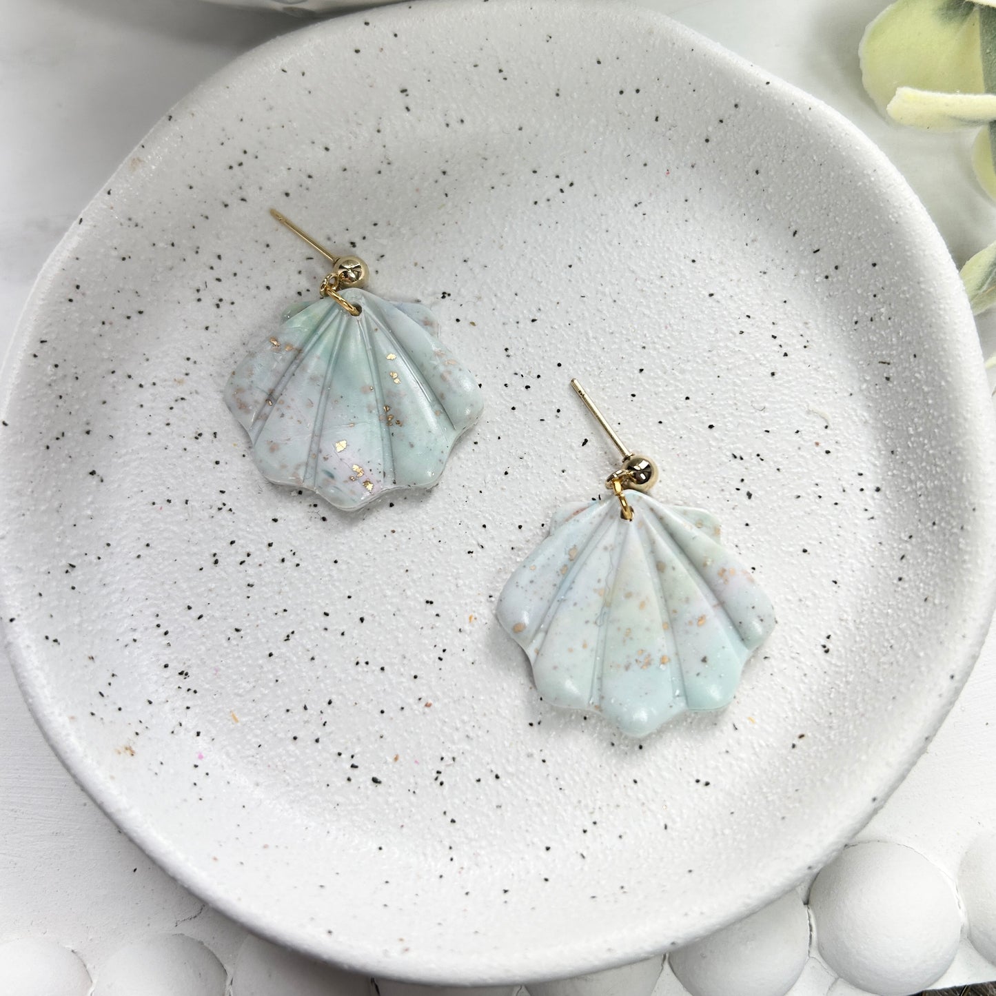 Beautiful, handmade, polymer clay, shell shaped dangle earrings