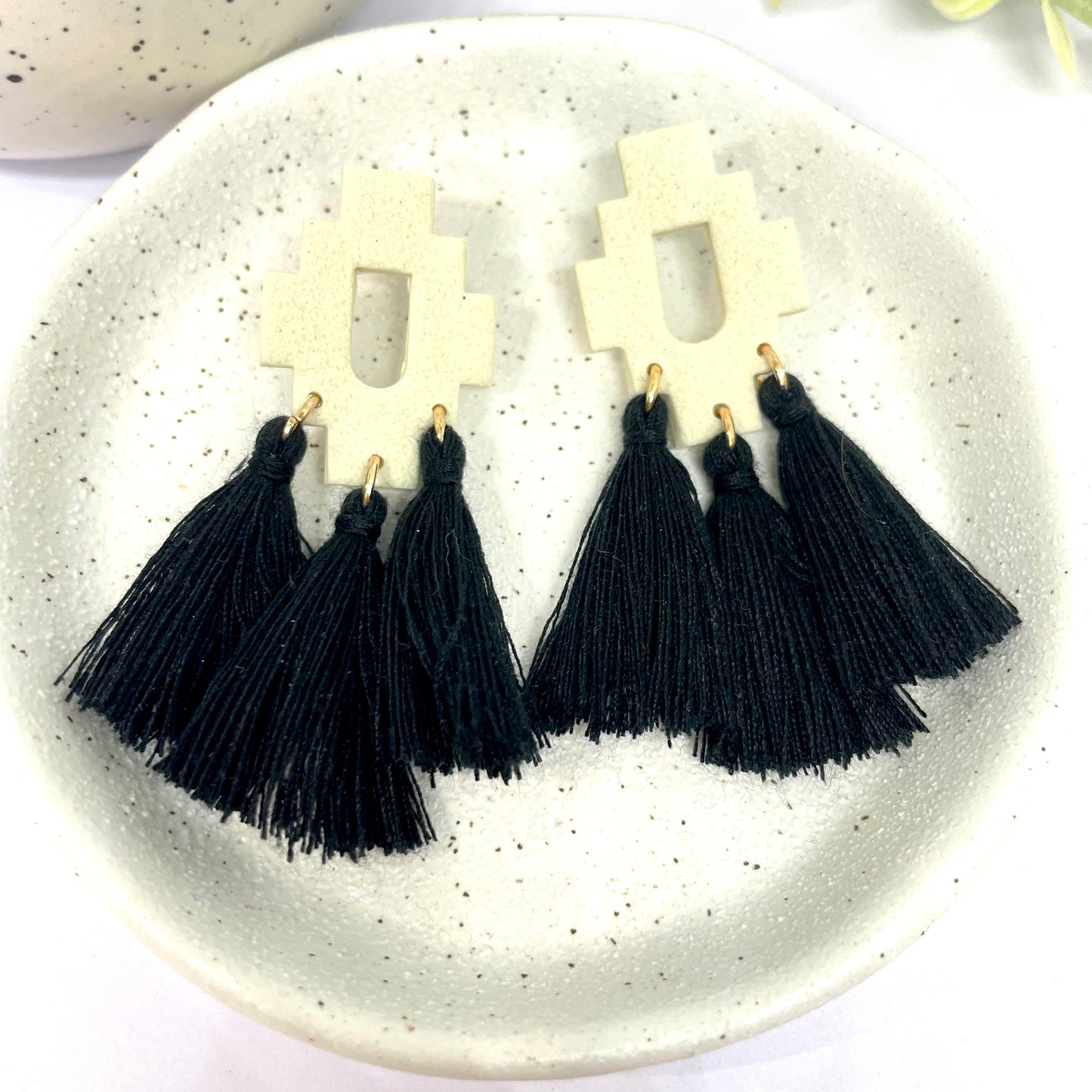 Black and cream boho tassel earrings