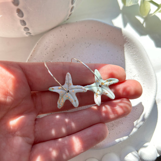 Stunning, light green and gold, polymer clay, starfish hoops