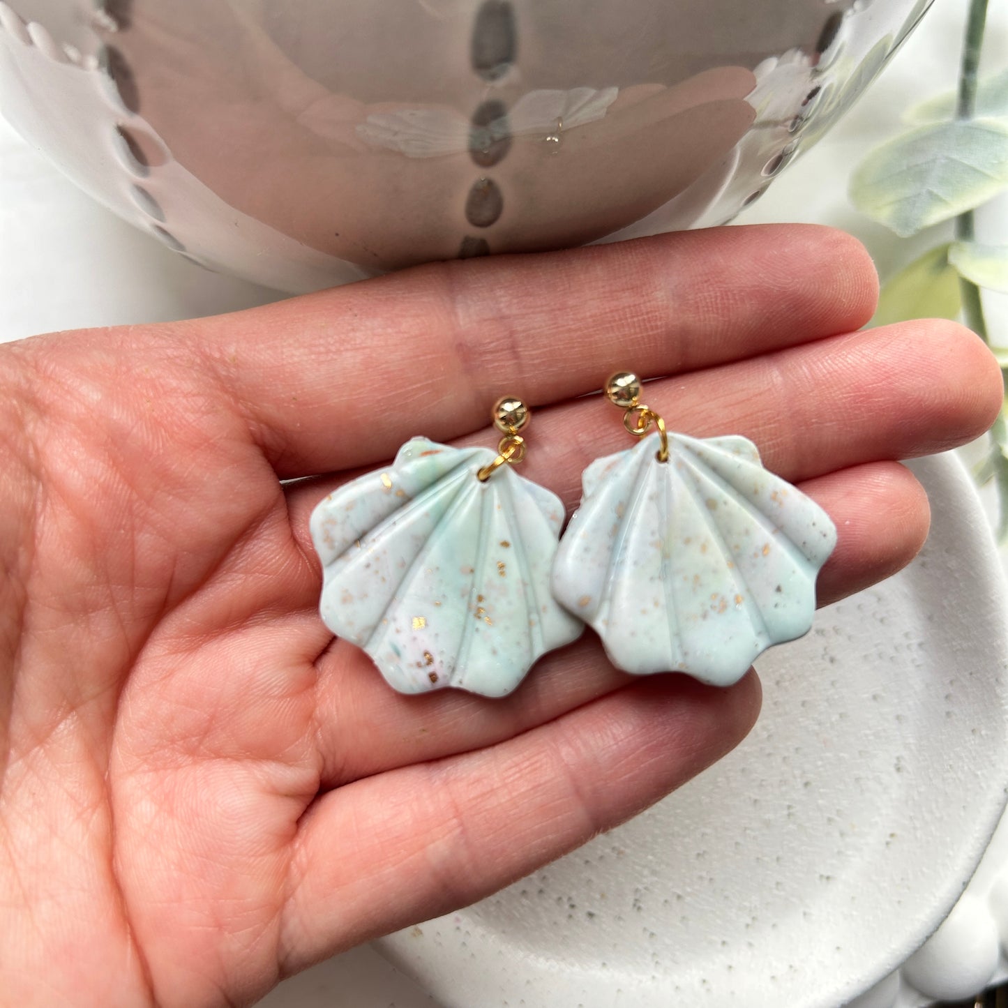 Beautiful, handmade, polymer clay, shell shaped dangle earrings