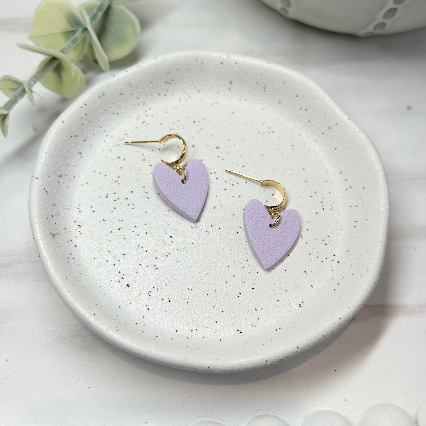 Valentine’s Collection lilac polymer clay heart earrings gold plated hoop post