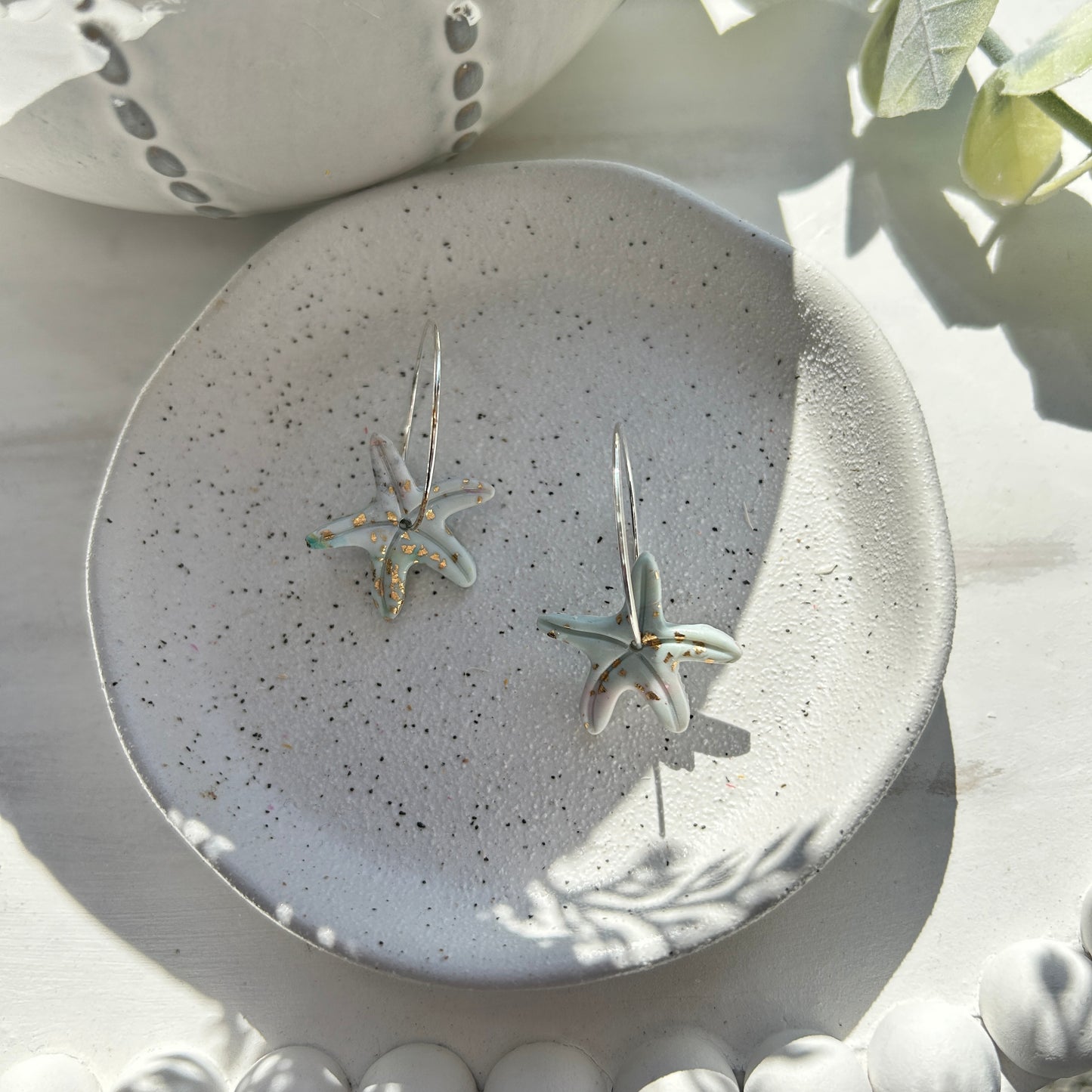 Stunning, light green and gold, polymer clay, starfish hoops