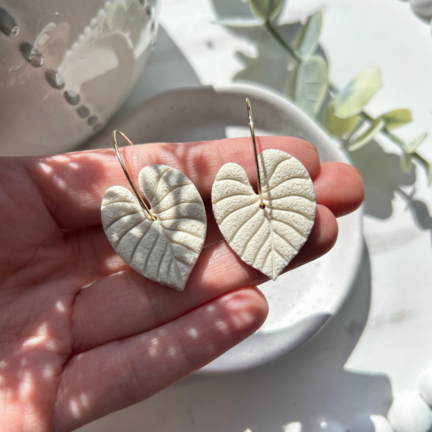 Polymer clay, cream, tropical leaf hoops