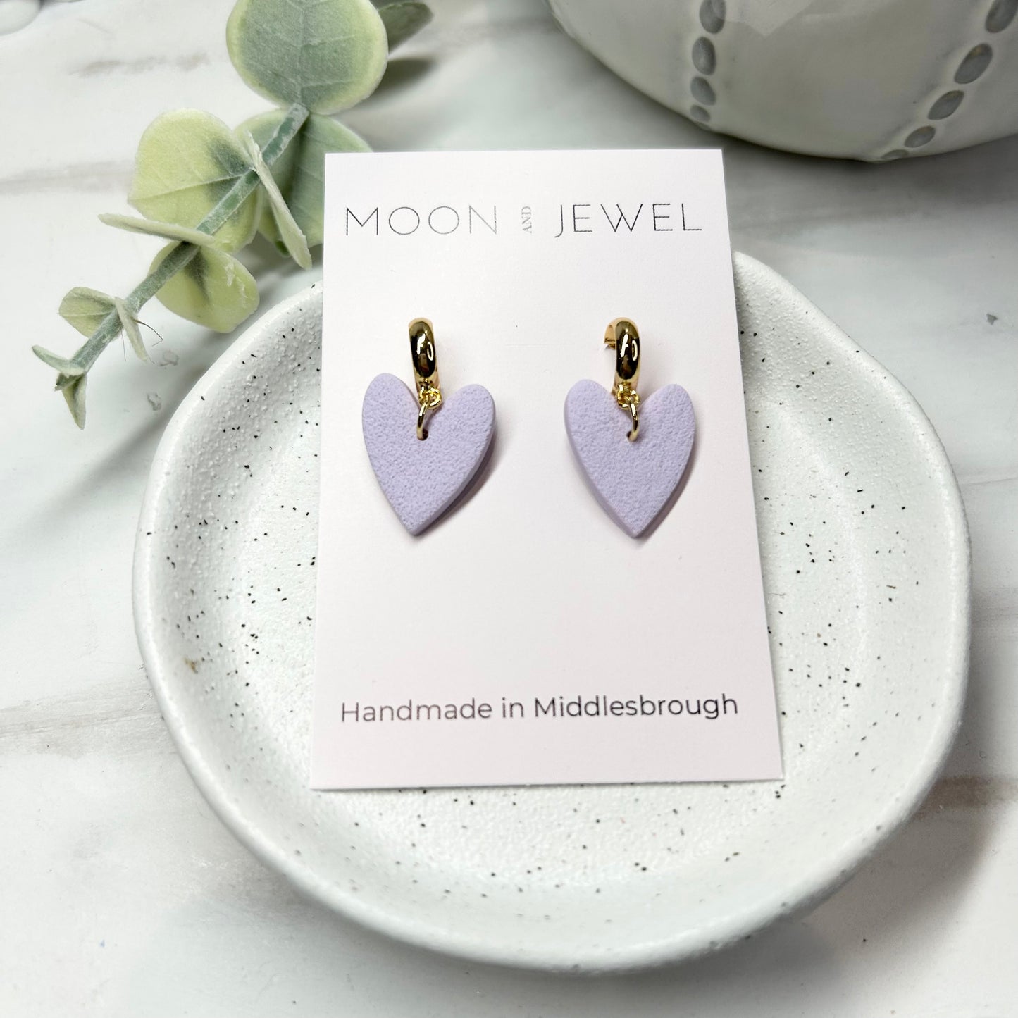 Valentine’s Collection lilac polymer clay heart earrings gold plated hoop post