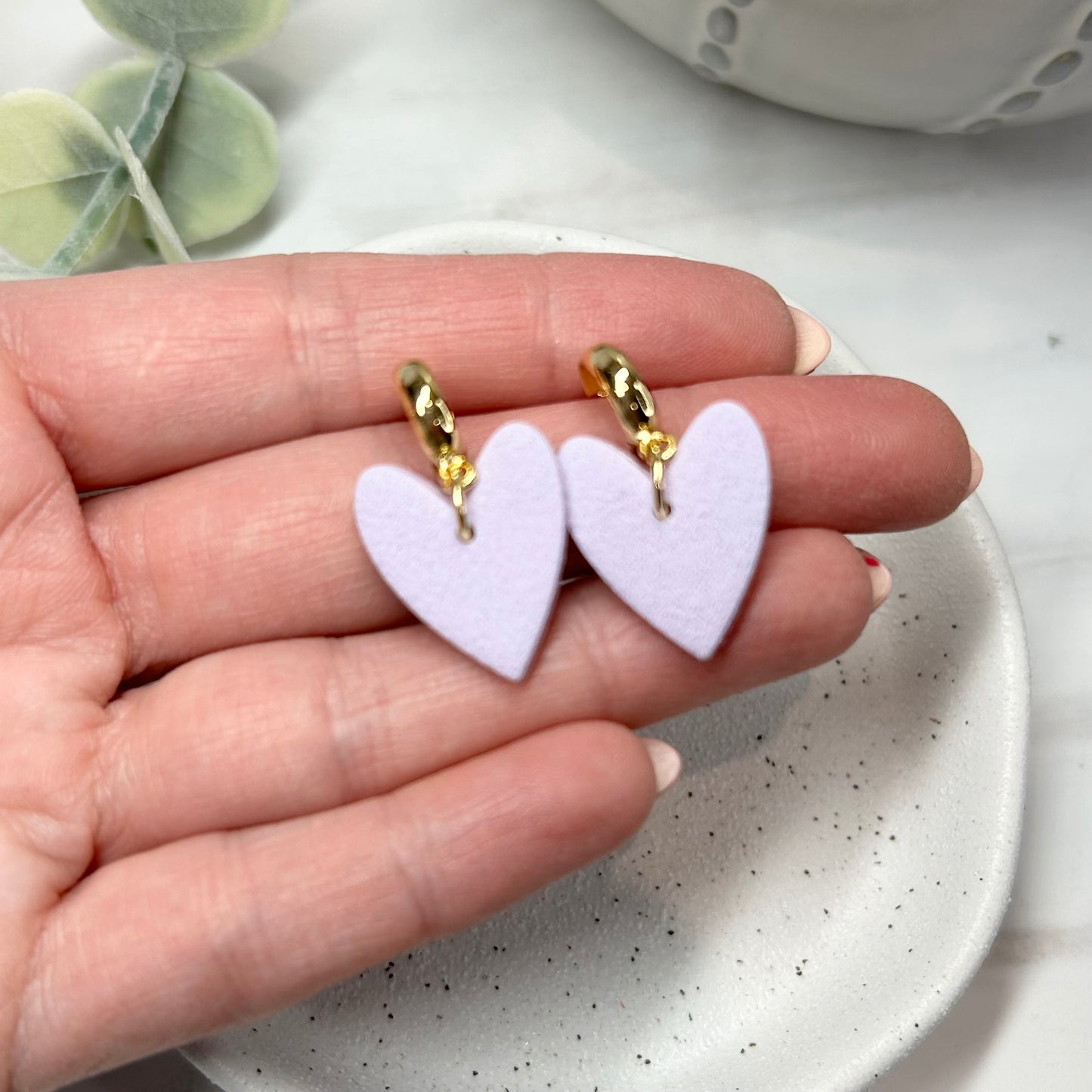 Valentine’s Collection lilac polymer clay heart earrings gold plated hoop post