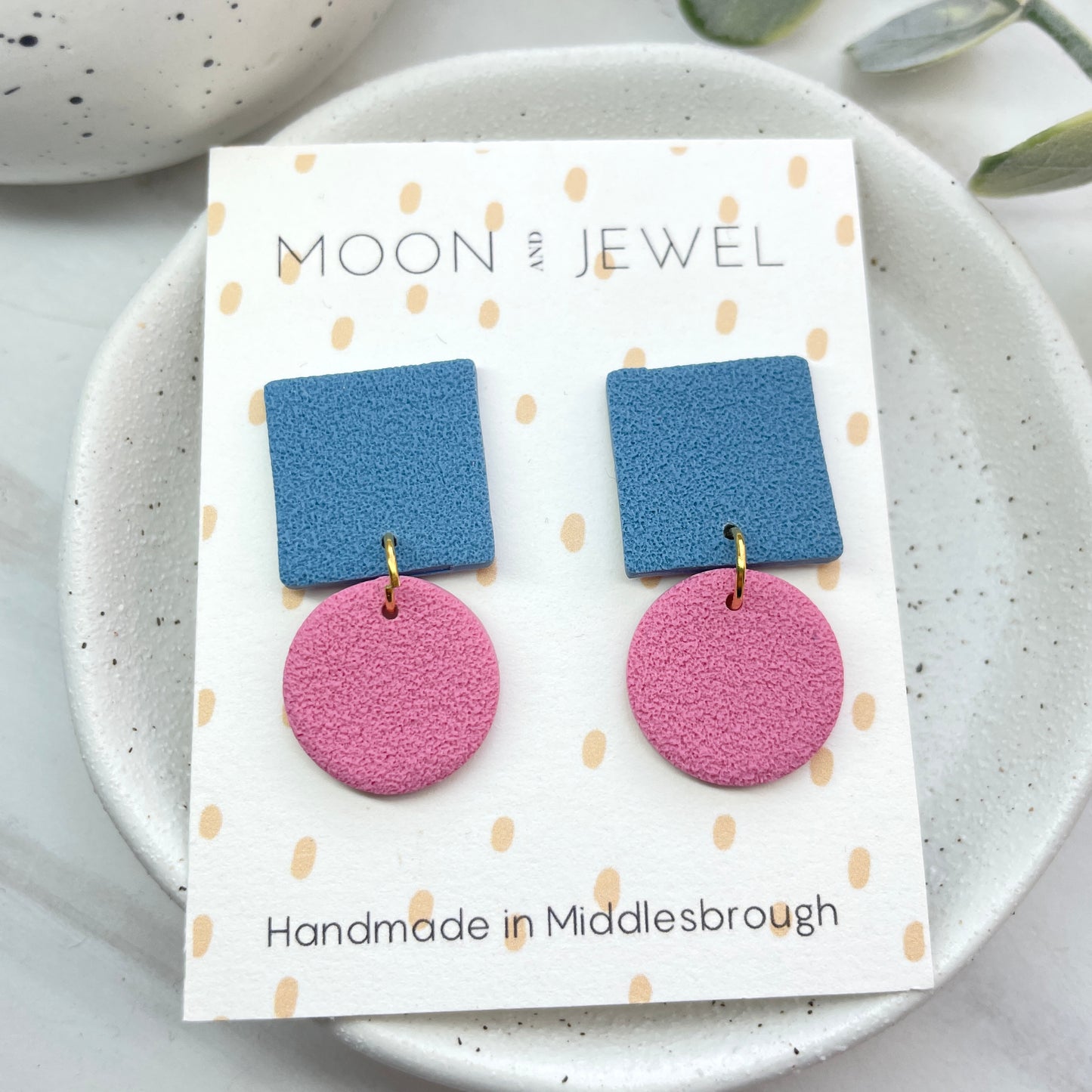 Blue and pink polymer clay dangles