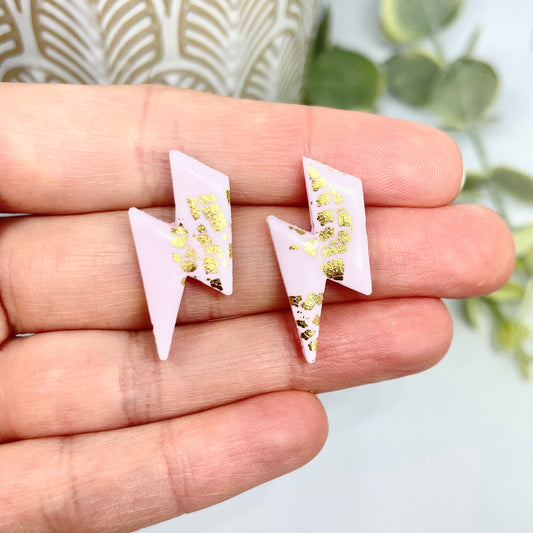 Handmade pink polymer clay lightening bolt stud earrings, beautiful birthday gift for her, post box gift