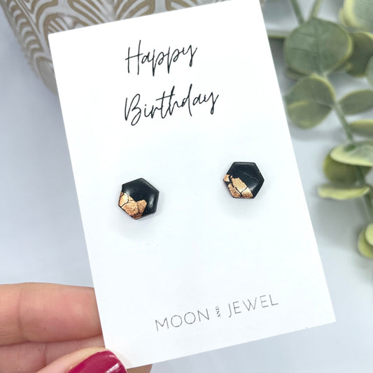 Birthday earrings, black and copper leaf studs, polymer clay stud earrings, post box gift, best friend birthday gift, girlfriend gift,