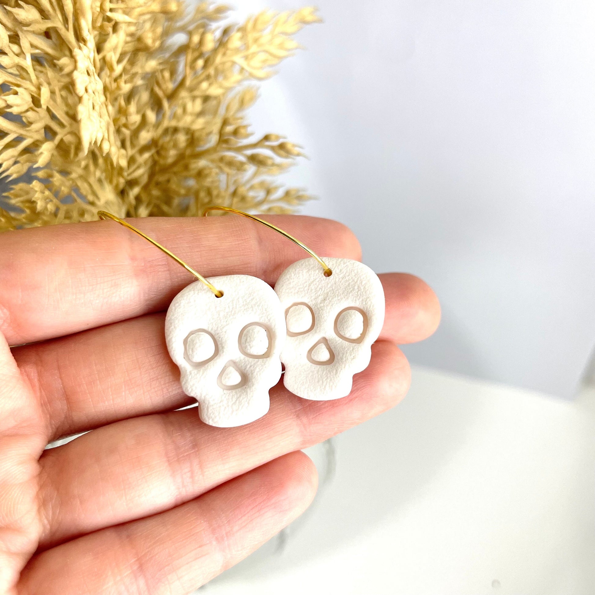 White skull polymer clay hoop earrings earrings, halloween gift, spooky earrings, autumn earrings, large skull earrings