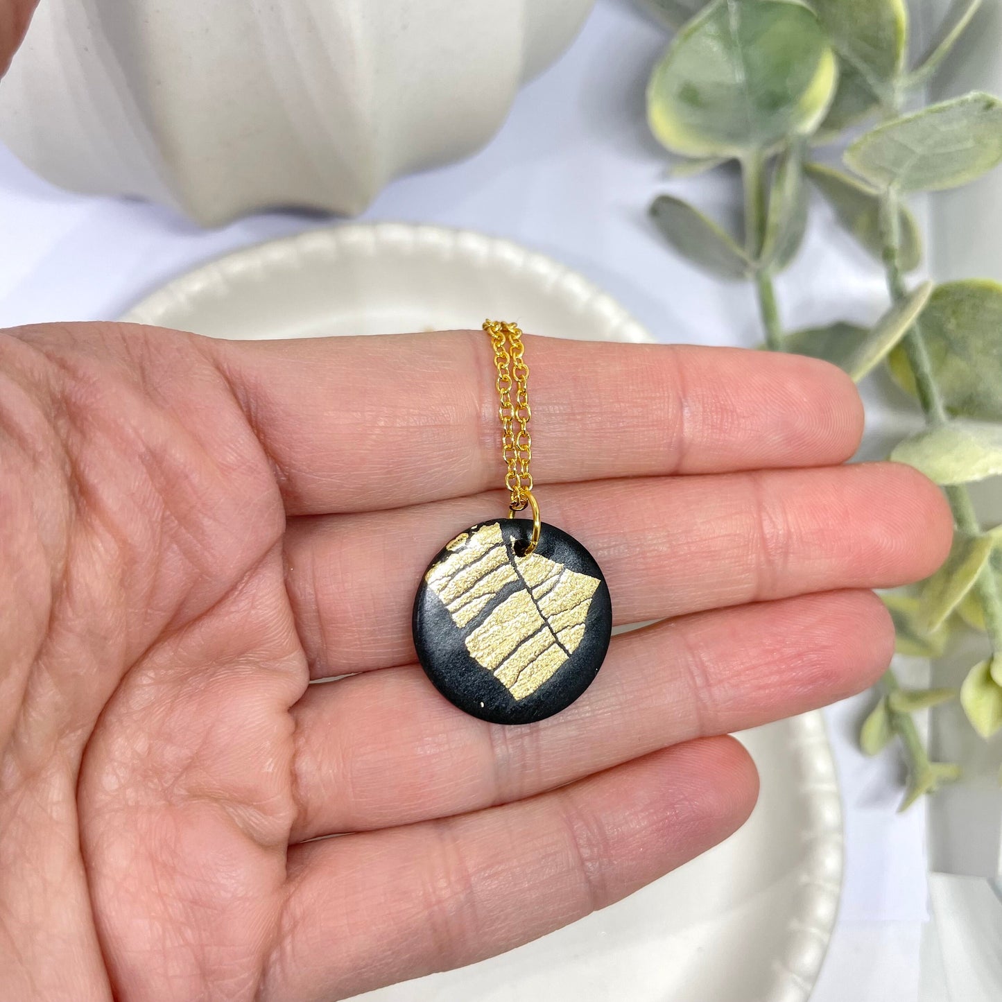 pendant necklace, beautiful handmade black and gold polymer clay necklace on gold plated chain, birthday gift for her, sister gift,