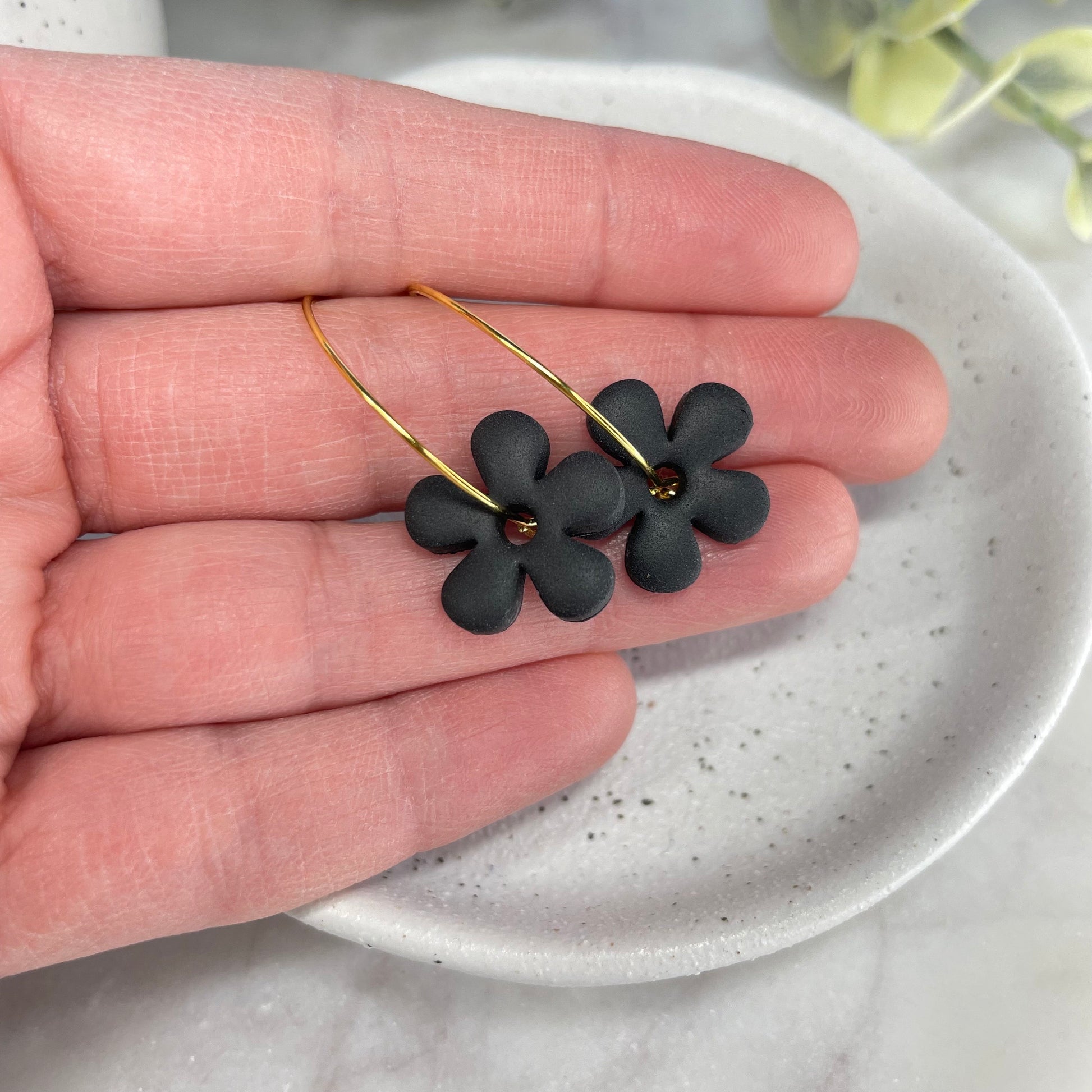 Black flower hoop earrings, polymer clay flower earrings, beautiful birthday gift for her, post box gift, daughter gift, sister gift