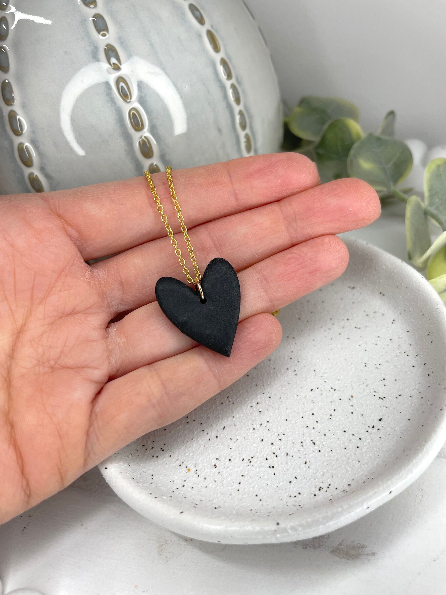 Black polymer clay heart necklace on 18in gold plated chain gift for her, beautiful gift for wife, sister, girlfriend or friend