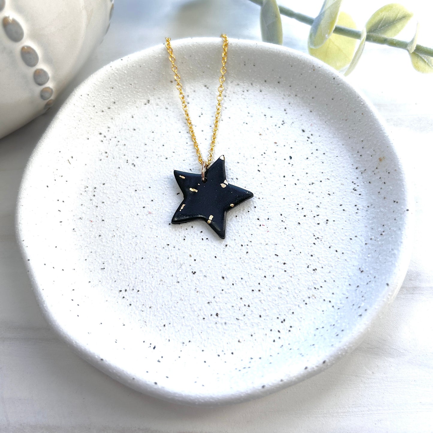 40th birthday gift for her, stunning black and gold polymer clay star necklace on an 18 inch gold plated chain