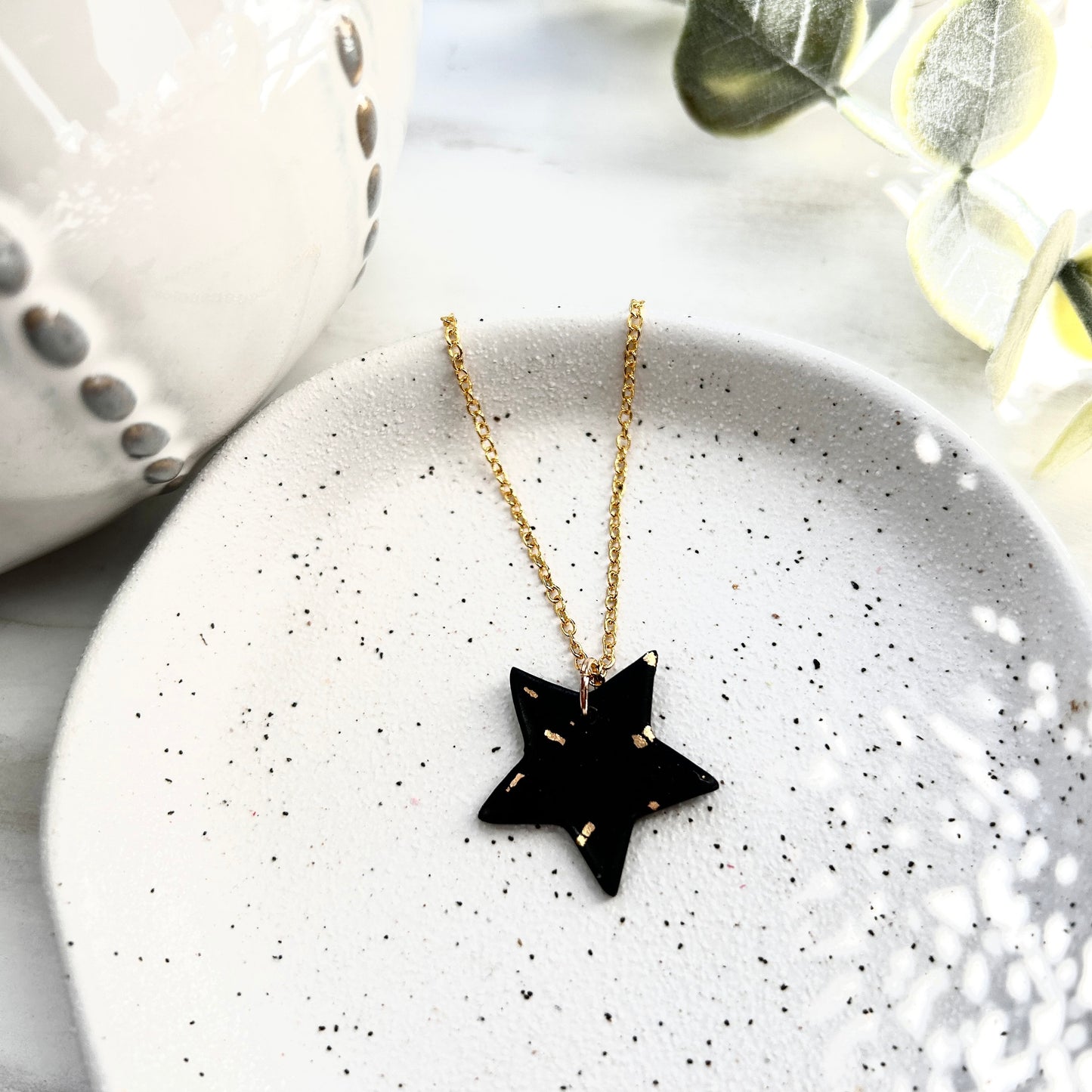 40th birthday gift for her, stunning black and gold polymer clay star necklace on an 18 inch gold plated chain