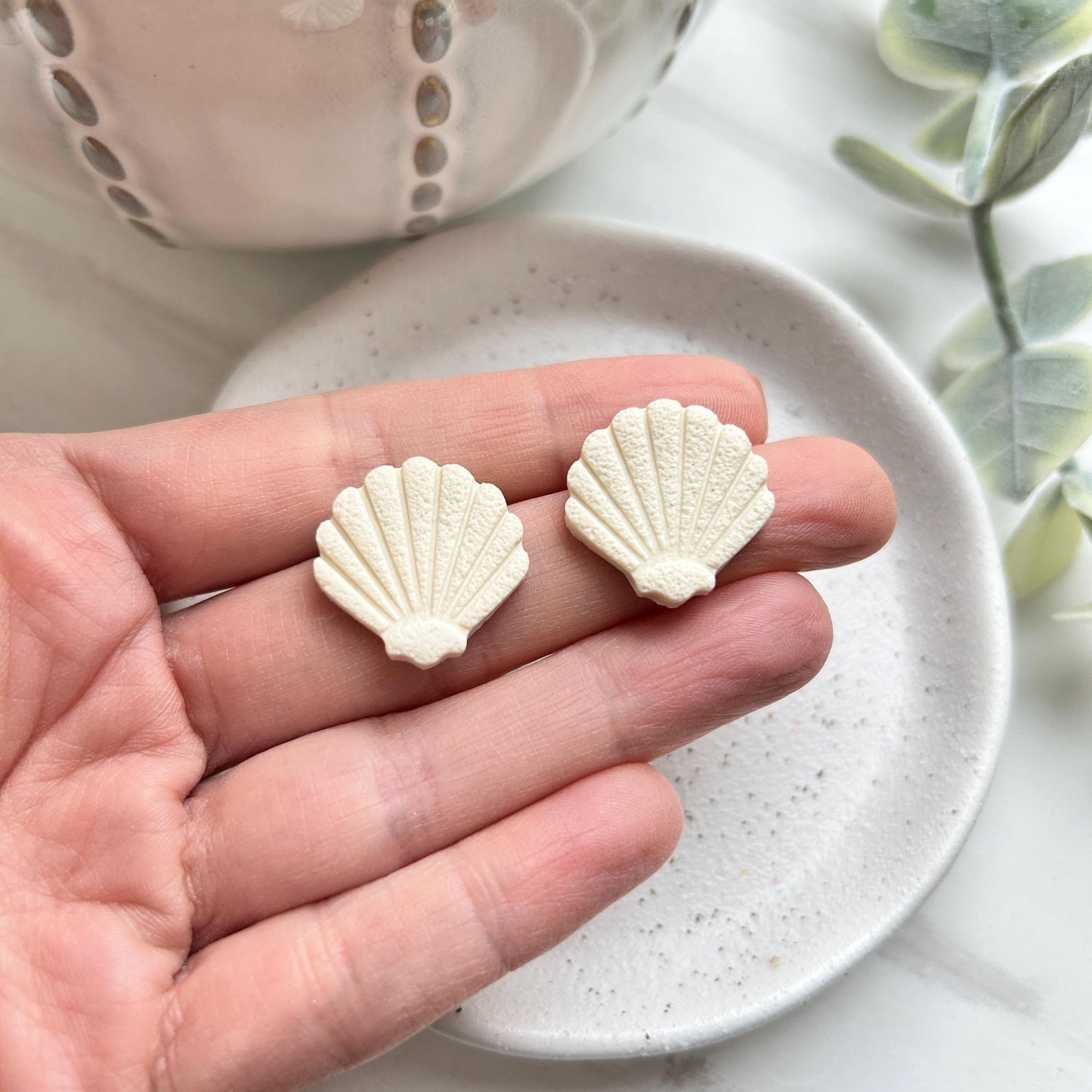 Shell stud earrings, beautiful cream polymer clay statement summer earrings, vacation beach holiday earrings, Bon voyage gift for girlfriend