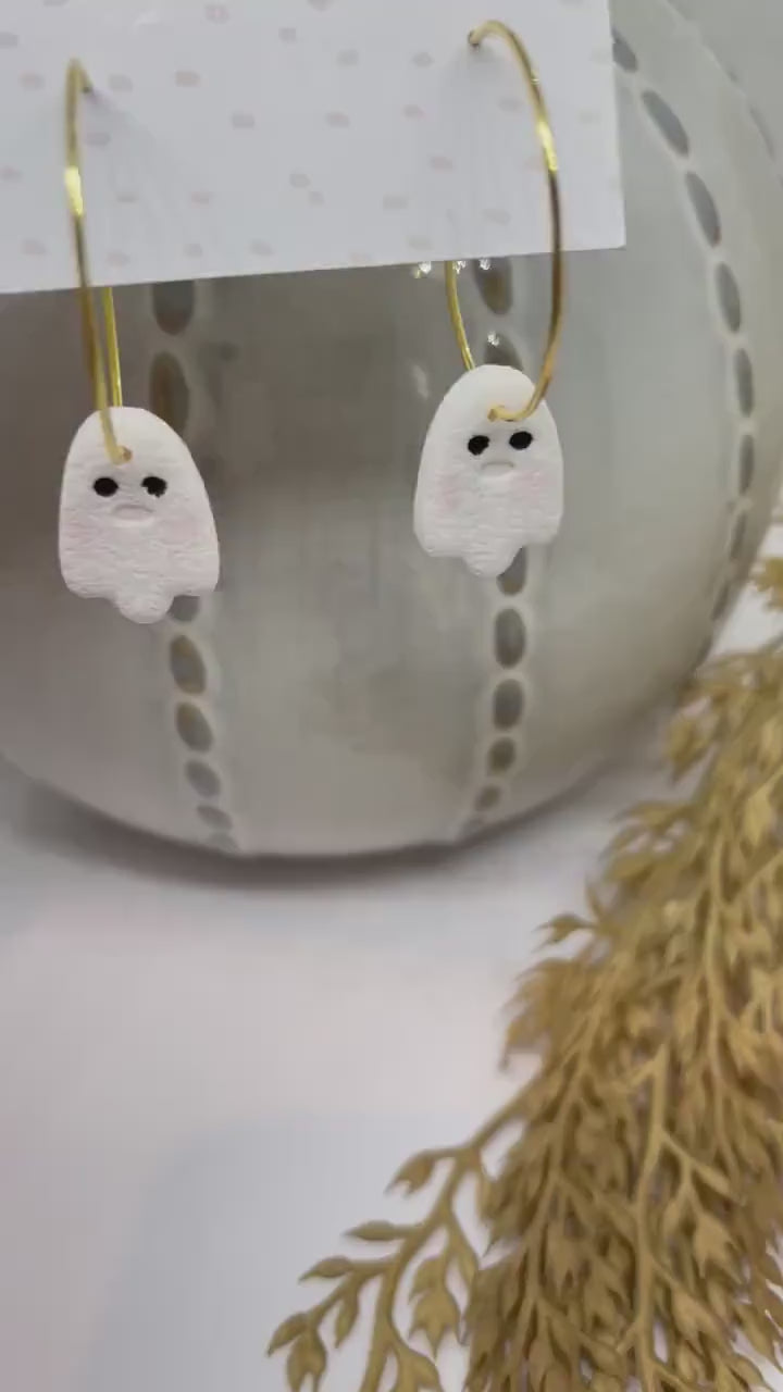 White skull polymer clay hoop earrings earrings, halloween gift, spooky earrings, autumn earrings, large skull earrings