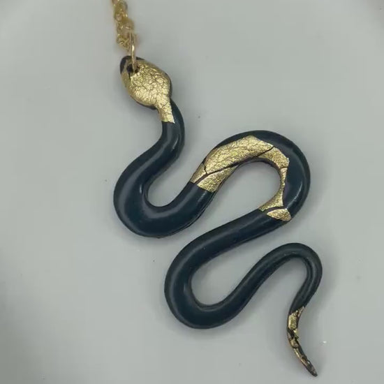 Black and gold snake necklace, polymer clay snake on gold plated chain, gothic jewellery, snake jewellery, Halloween jewellery,