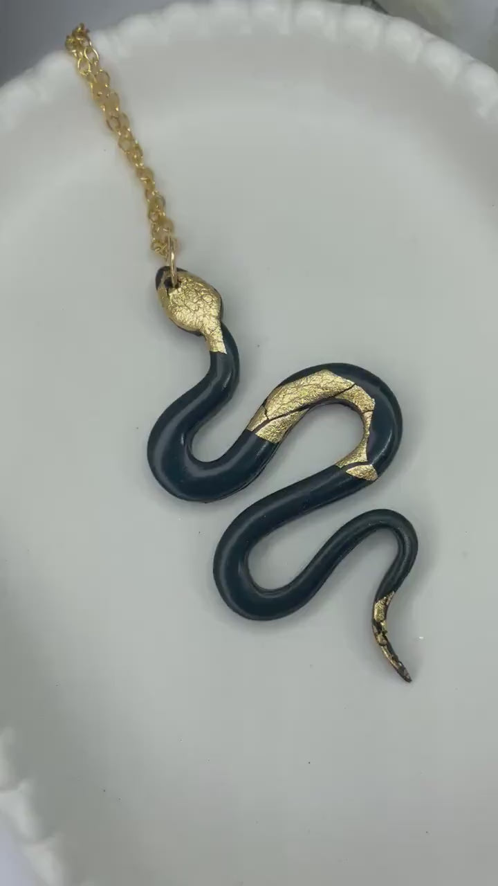 Black and gold snake necklace, polymer clay snake on gold plated chain, gothic jewellery, snake jewellery, Halloween jewellery,