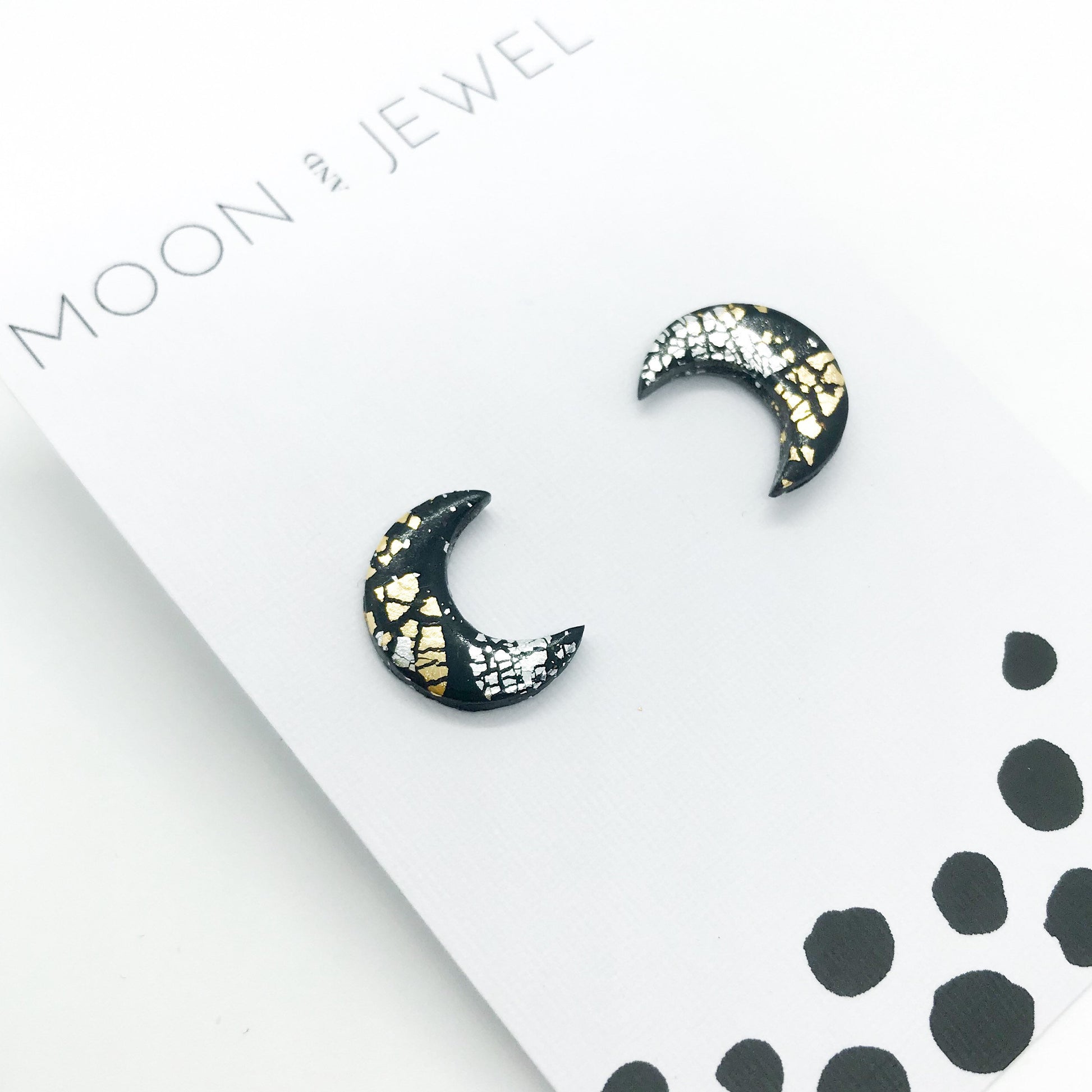 Moon earrings, polymer clay moon studs, black and metallic leaf handmade earrings, beautiful gift for her, birthday gift, girlfriend gift