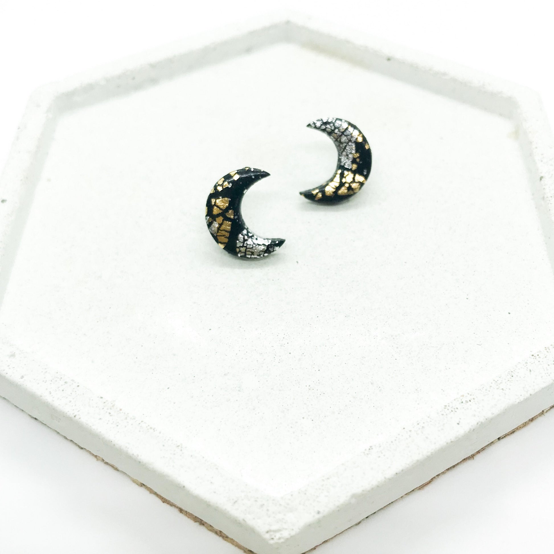 Moon earrings, polymer clay moon studs, black and metallic leaf handmade earrings, beautiful gift for her, birthday gift, girlfriend gift