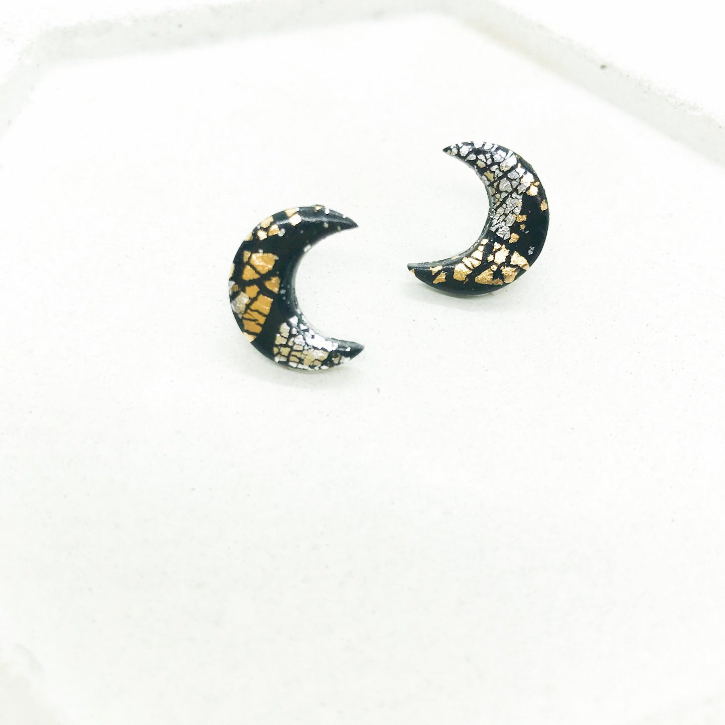 Moon earrings, polymer clay moon studs, black and metallic leaf handmade earrings, beautiful gift for her, birthday gift, girlfriend gift