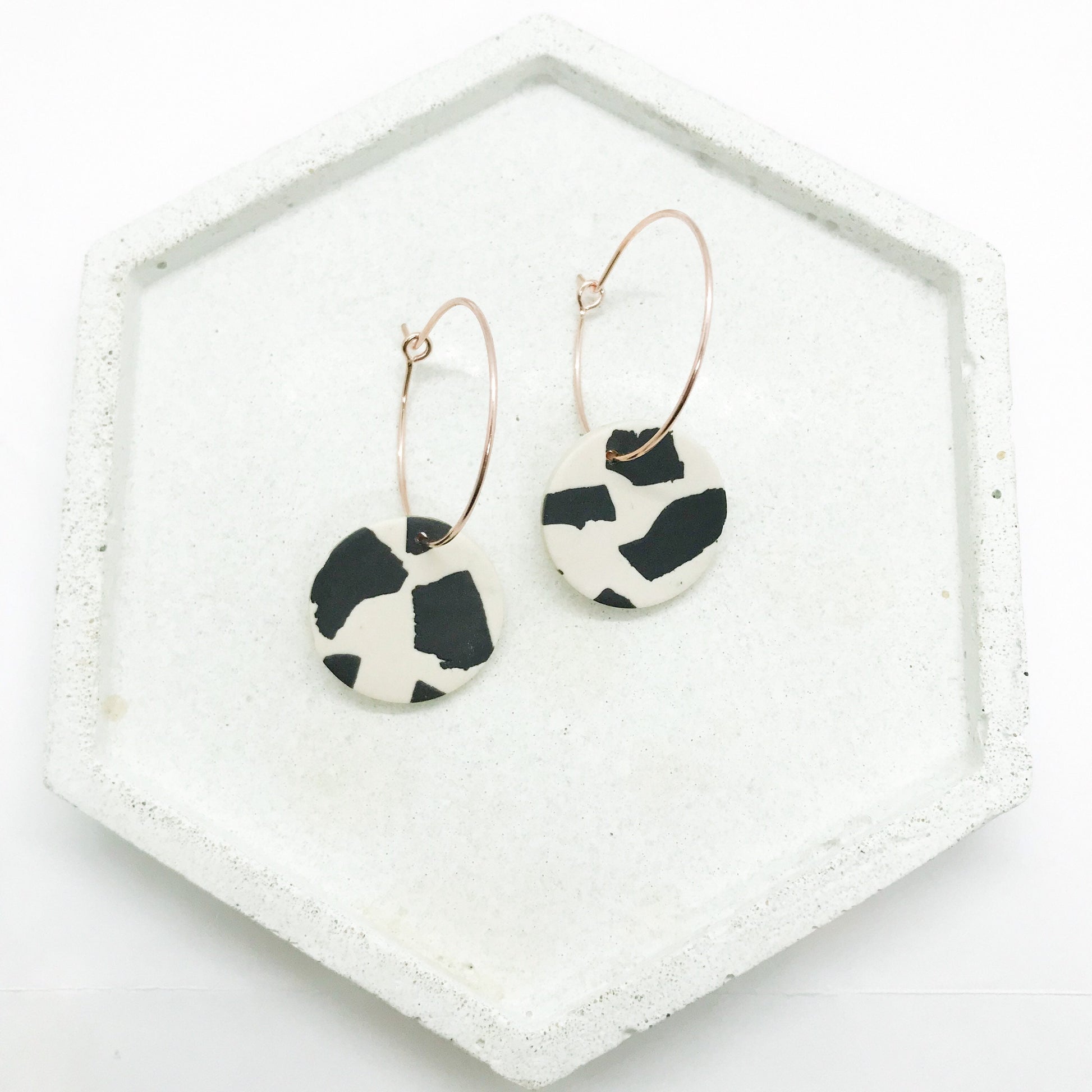 Cow print polymer clay earrings, nickel free brass hoop, post box gift, birthday gift for her, girlfriend gift, best friend gift, mum gift