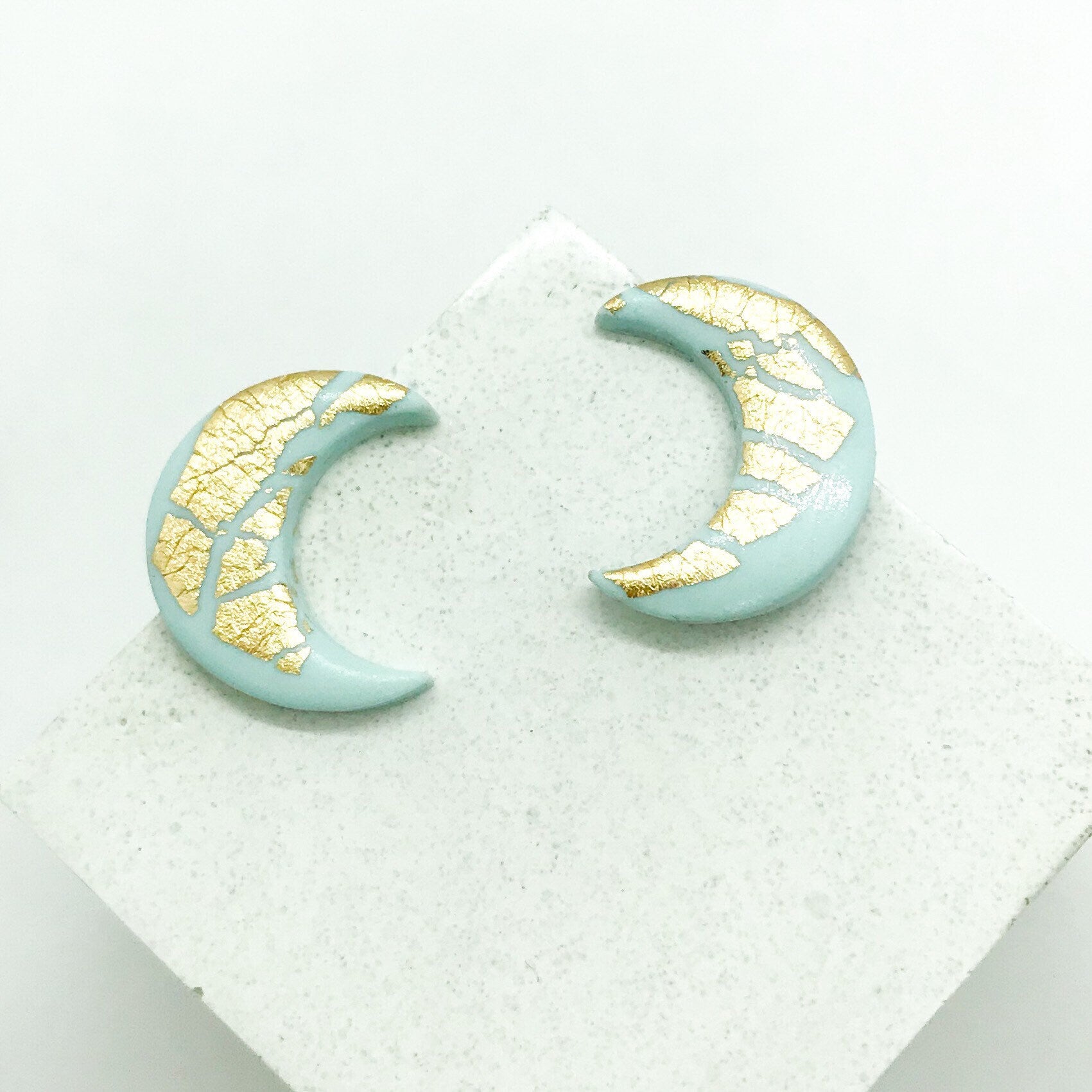 Moon earrings | polymer clay earrings | mint green and gold leaf | post box gift, best friend birthday gift | girlfriend gift, mum gift.