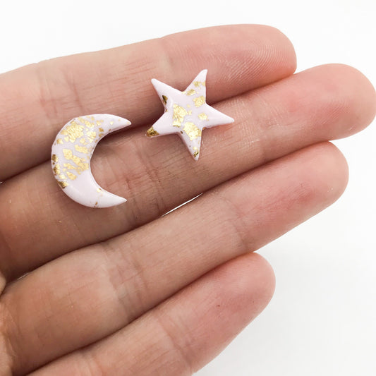 Moon and star polymer clay earrings, pink and gold leaf, secret santa, best friend birthday gift, girlfriend gift, Christmas gift for her,