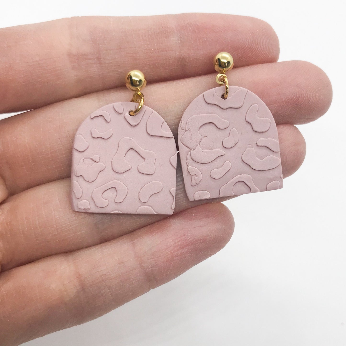 polymer clay leopard print earrings in dusty pink, nickel free brass post, post box gift, best friend birthday gift, girlfriend gift,