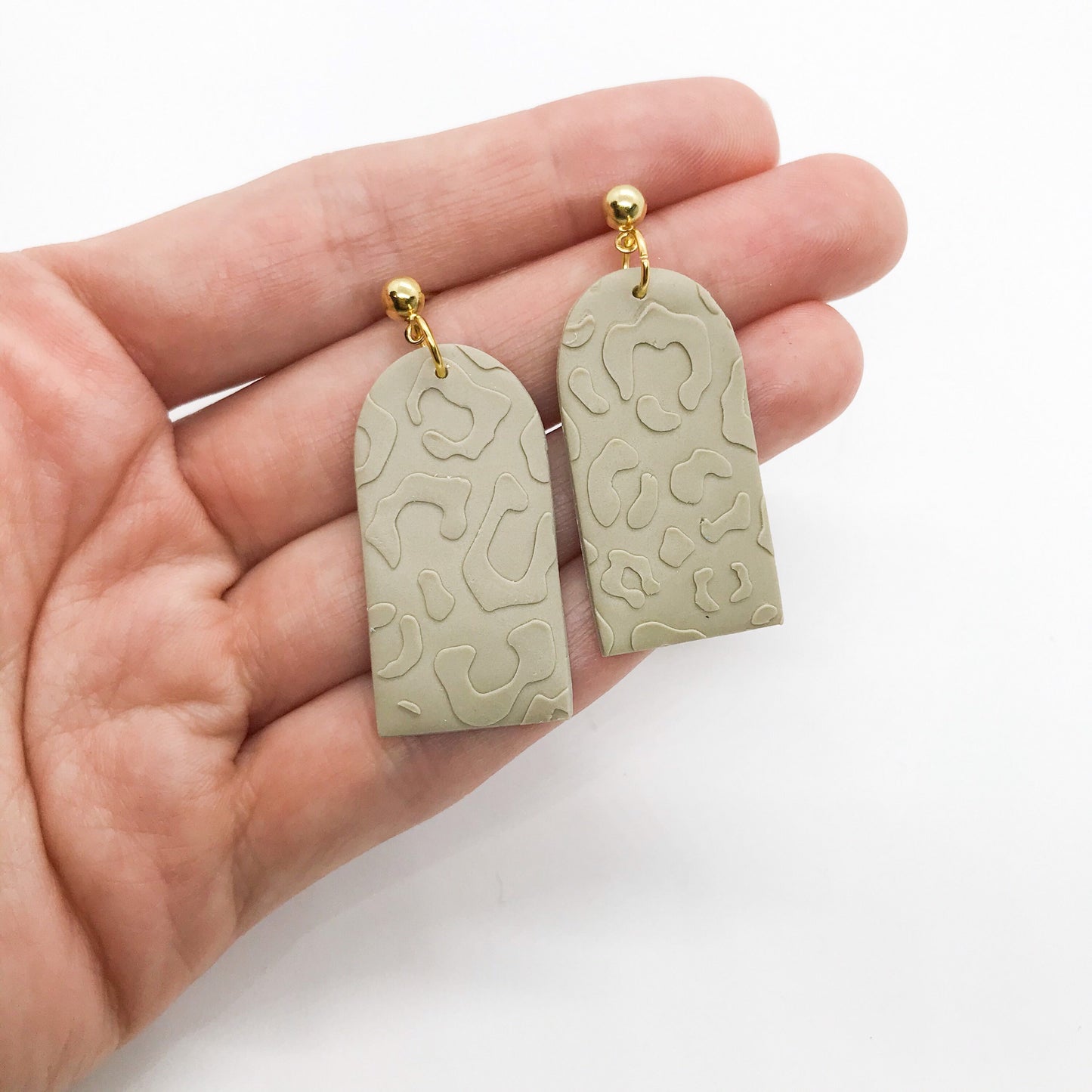 polymer clay earrings, fawn embossed leopard print, nickel free brass post, post box gift, best friend birthday gift, girlfriend gift,