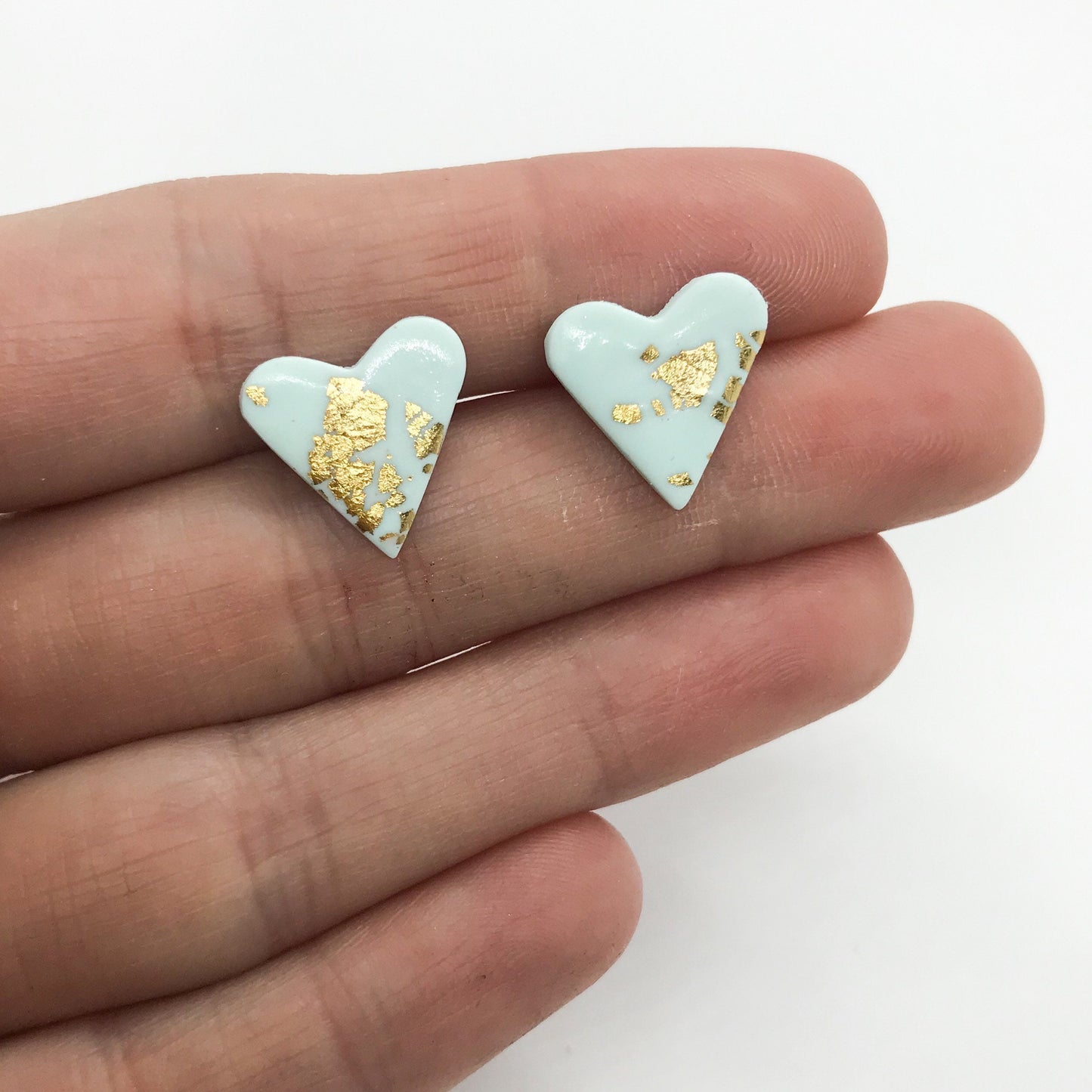 Heart earrings, green & gold leaf polymer clay stud earrings, beautiful birthday gift for her, girlfriend gift, post box gift
