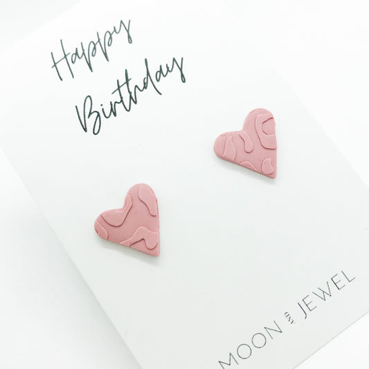 Birthday heart earrings, pink, leopard print embossed polymer clay stud earrings, beautiful birthday gift for her, post box gift