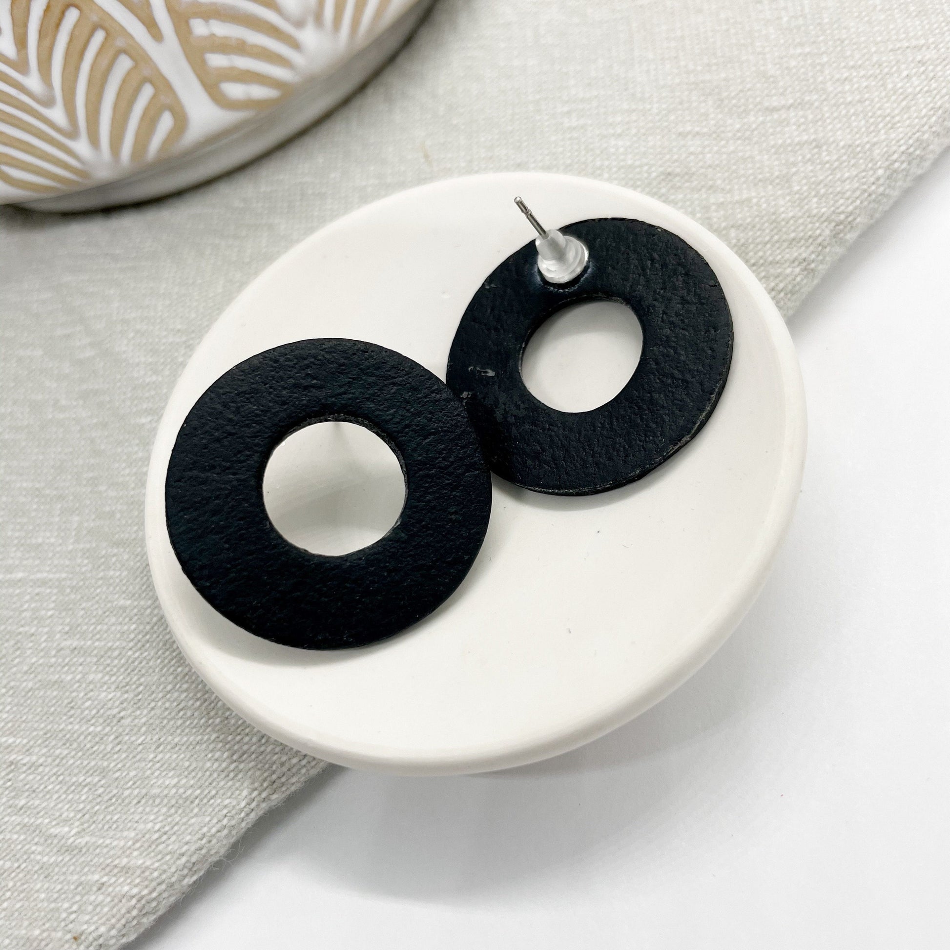 Black polymer clay statement earrings, leather effect studs, beautiful birthday gift, mum gift, sister gift, girlfriend gift