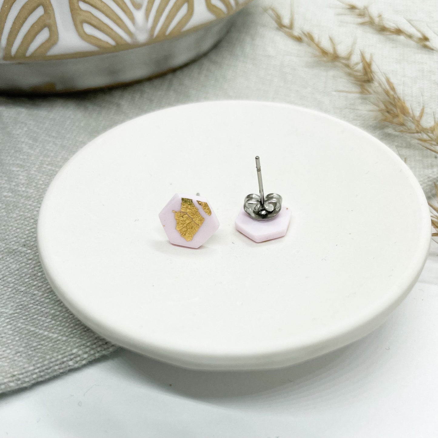 Pink and gold leaf, birthday earrings, hexagon polymer clay stud earrings, post box gift, best friend birthday gift, girlfriend gift,