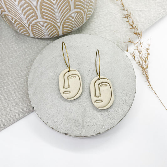 polymer clay face earrings, beige embossed boho style hoop earrings, post box gift, best friend birthday gift, girlfriend gift,