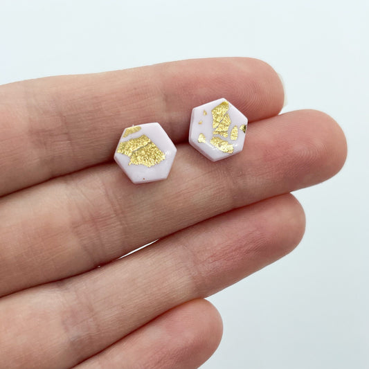Pink and gold leaf, hexagon polymer clay stud earrings, post box gift, best friend birthday gift, girlfriend gift, mum gift.