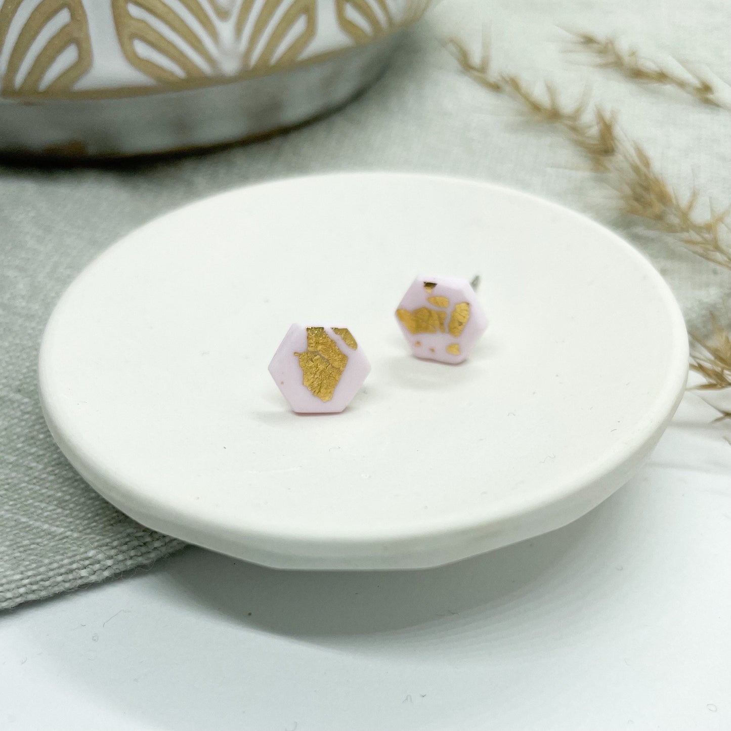 Pink and gold leaf, birthday earrings, hexagon polymer clay stud earrings, post box gift, best friend birthday gift, girlfriend gift,