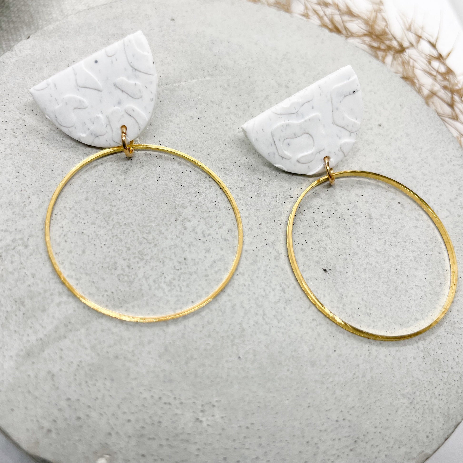 Polymer clay and brass hoop earrings, white embossed leopard print, post box gift, best friend birthday gift, girlfriend gift,