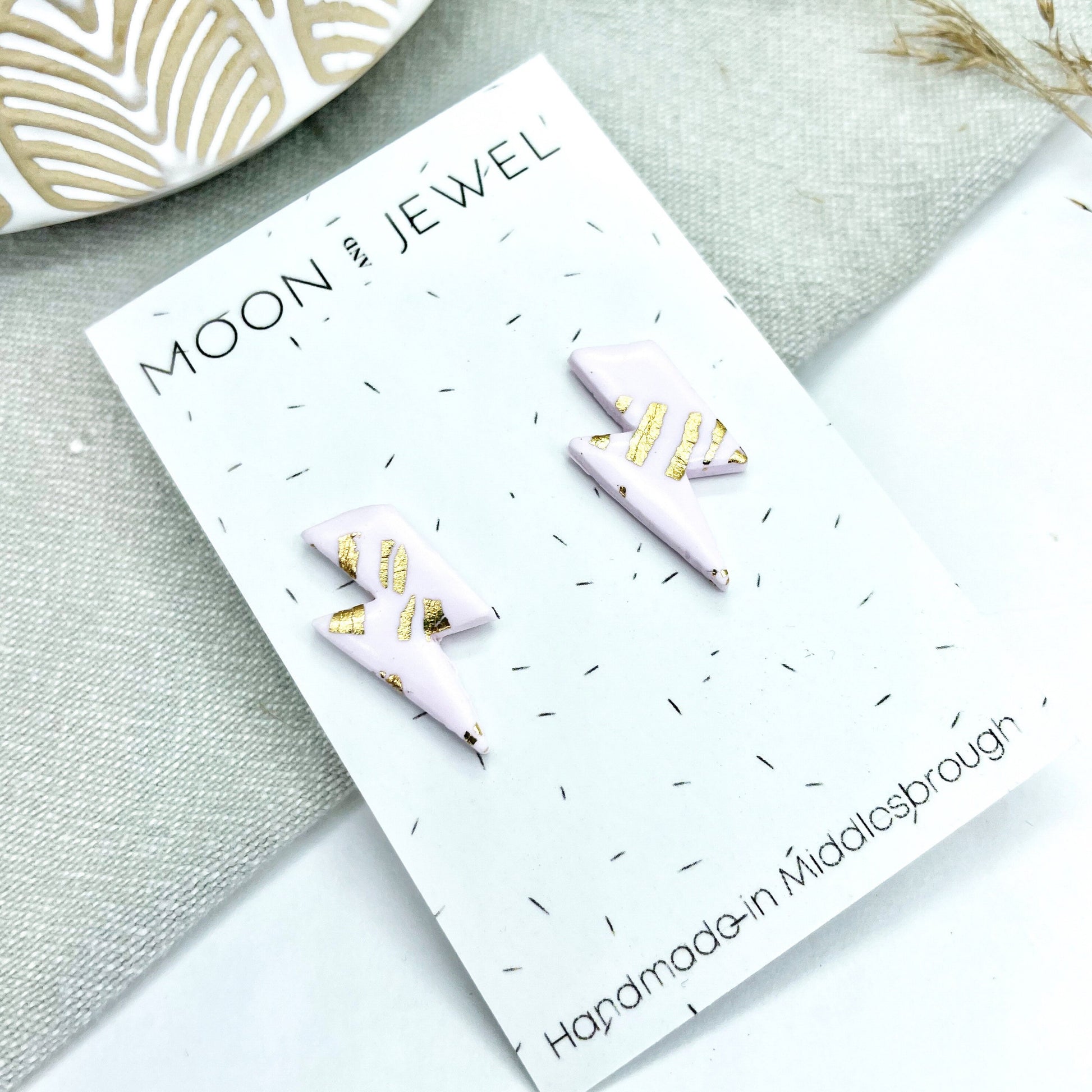Lightning bolt earrings, pink & gold leaf polymer clay stud earrings, beautiful Christmas gift for her, girlfriend gift, post box gift