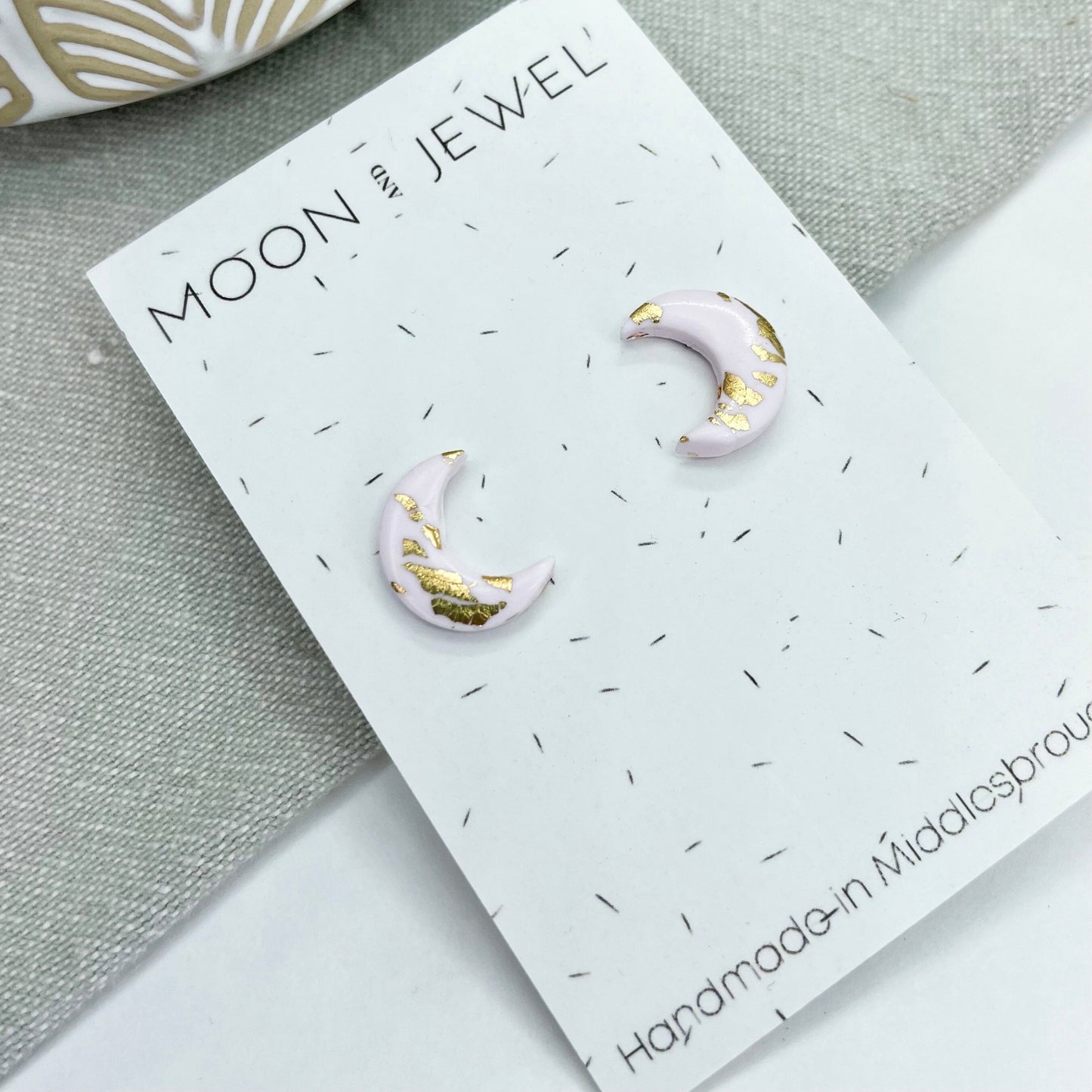 Moon earrings | polymer clay earrings | pink and gold leaf | post box gift, best friend birthday gift | girlfriend gift,