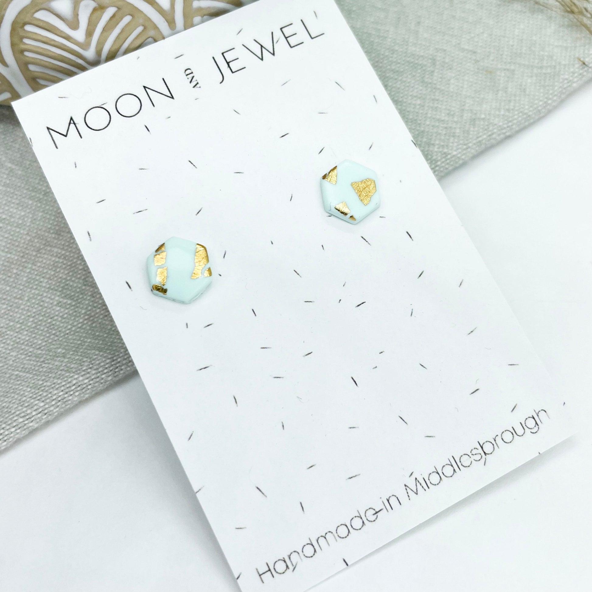 Mint green and gold leaf, hexagon polymer clay stud earrings, post box gift, best friend birthday gift, girlfriend gift, mum gift.