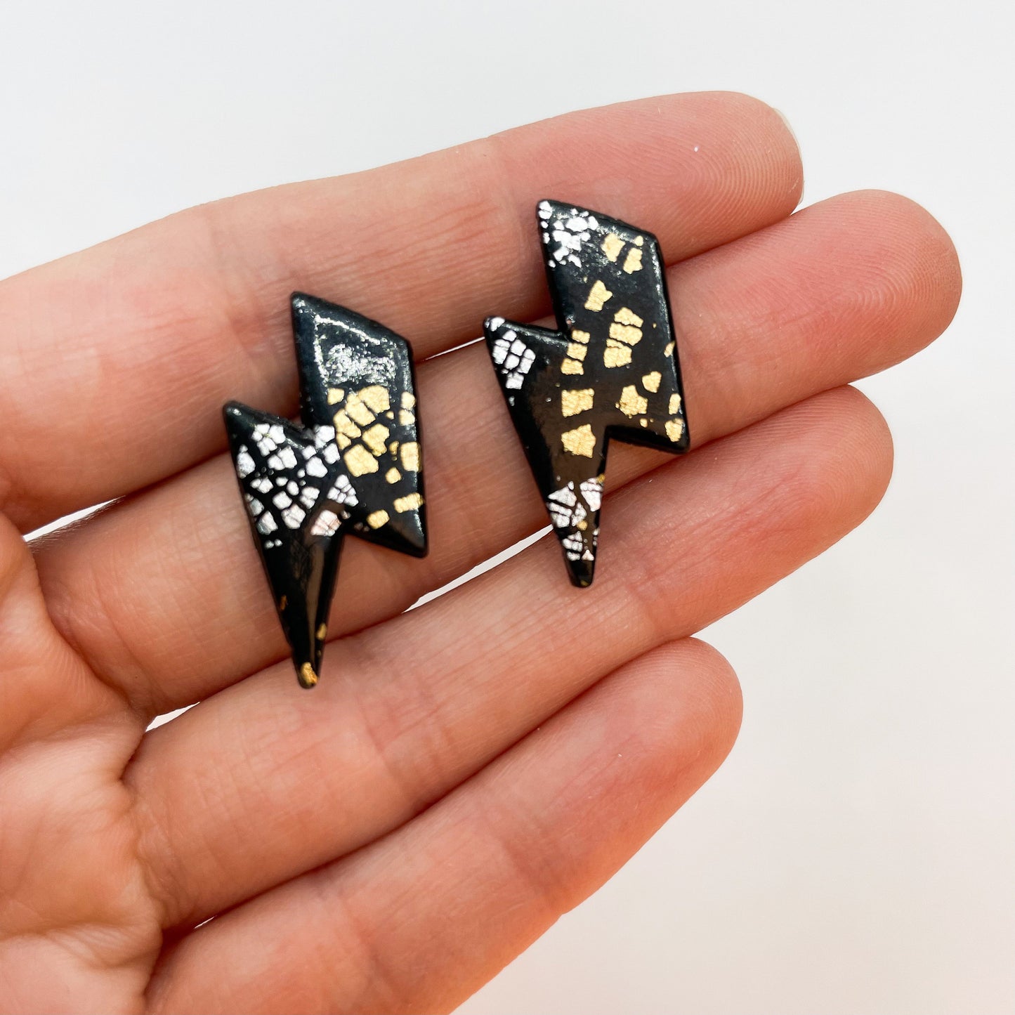 Polymer clay earrings, lightening bolt studs, black and gold earrings,