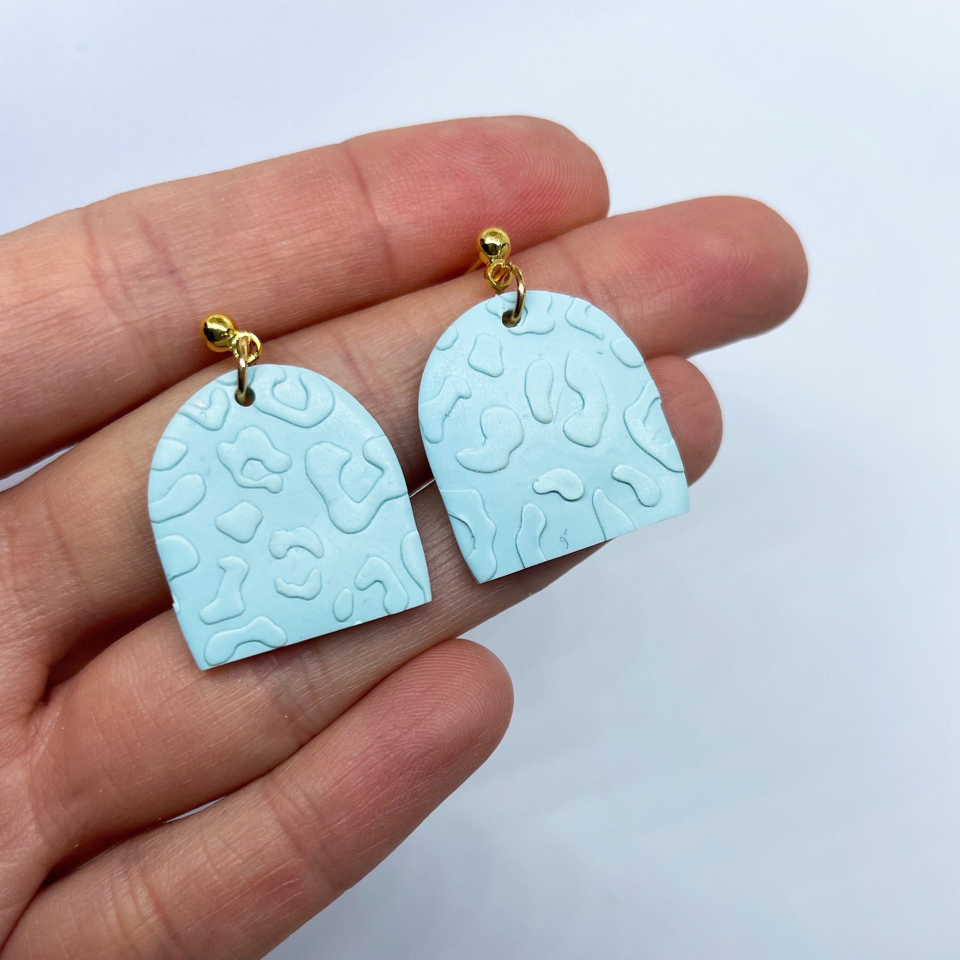 polymer clay leopard print earrings in pale blue, nickel free brass post, post box gift, best friend birthday gift, girlfriend gift,