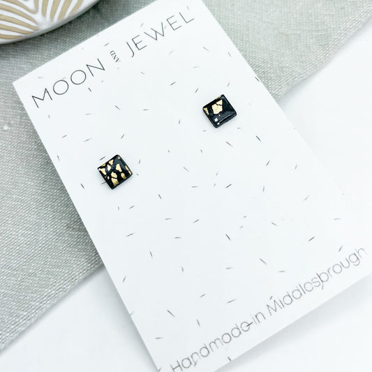 Polymer clay earrings, tiny polymer clay studs in black with silver and gold leaf, postbox gift, birthday gift for her