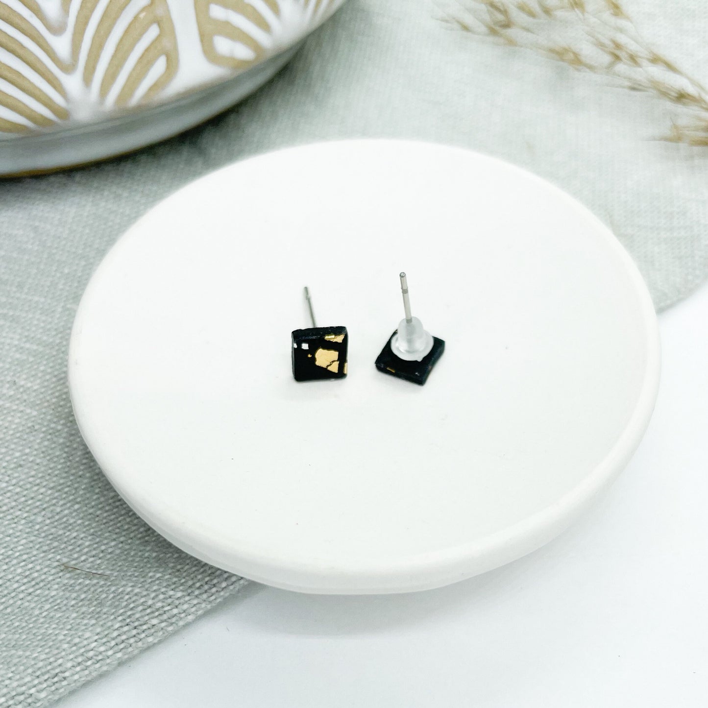 Polymer clay earrings, tiny polymer clay studs in black with silver and gold leaf, postbox gift, birthday gift for her