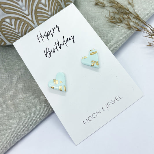 Heart earrings, green & gold leaf polymer clay stud earrings, beautiful birthday gift for her, girlfriend gift, post box gift