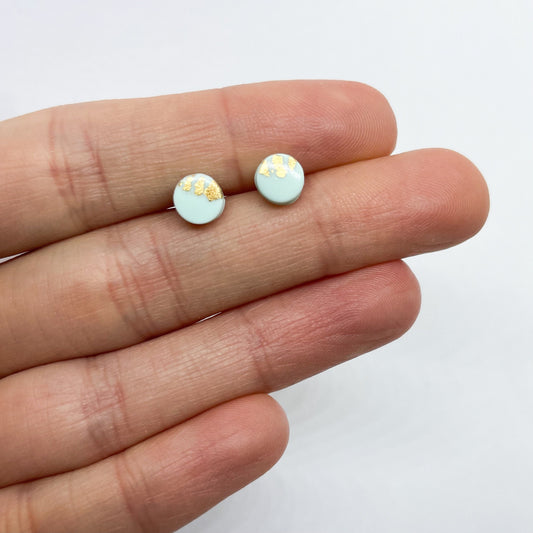 Tiny polymer clay stud earrings, light green and gold leaf, best friend birthday gift, girlfriend gift, thank you teacher gift