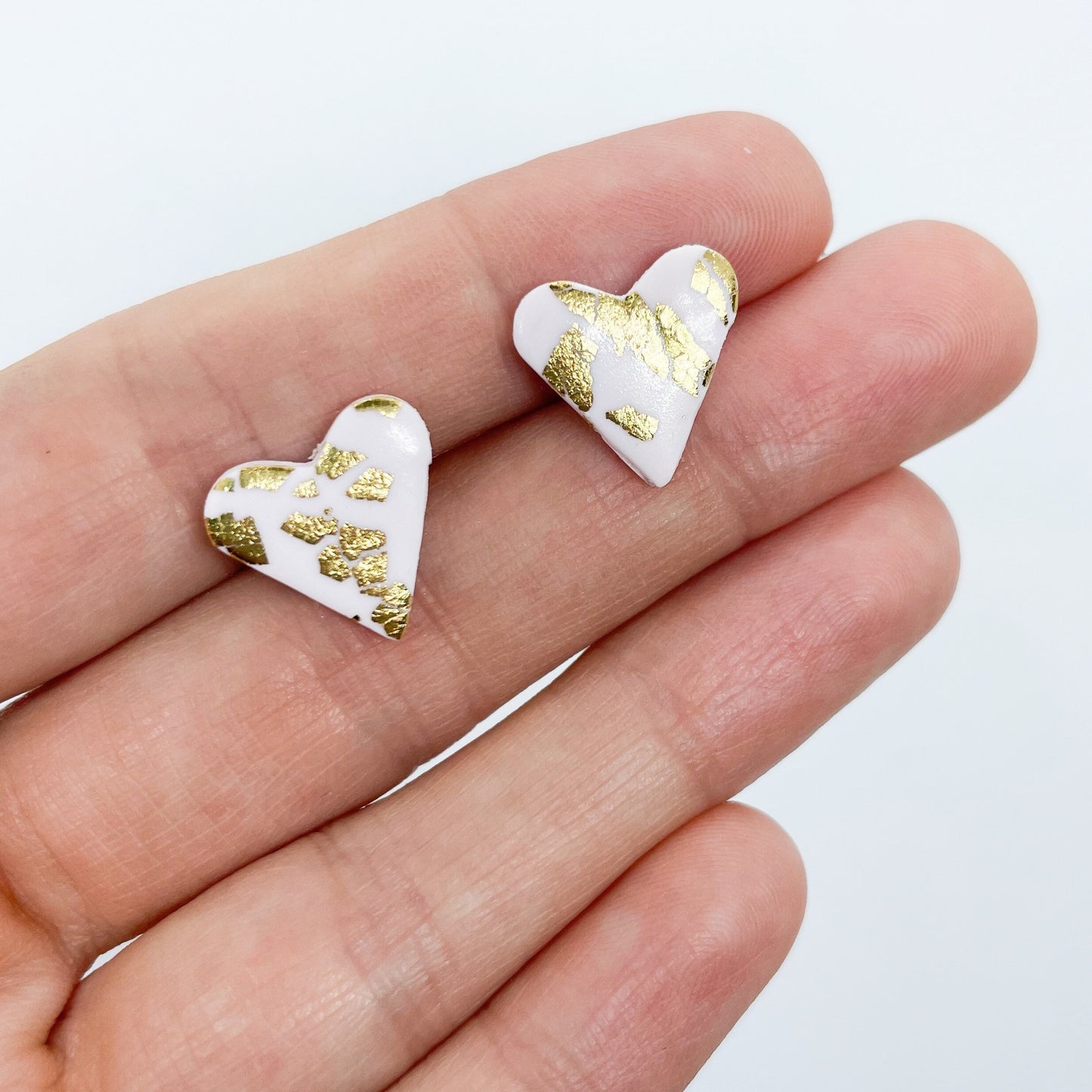 Pink and gold leaf heart earrings, polymer clay stud earrings, birthday gift, girlfriend gift, Valentine’s gift, galentine’s gift
