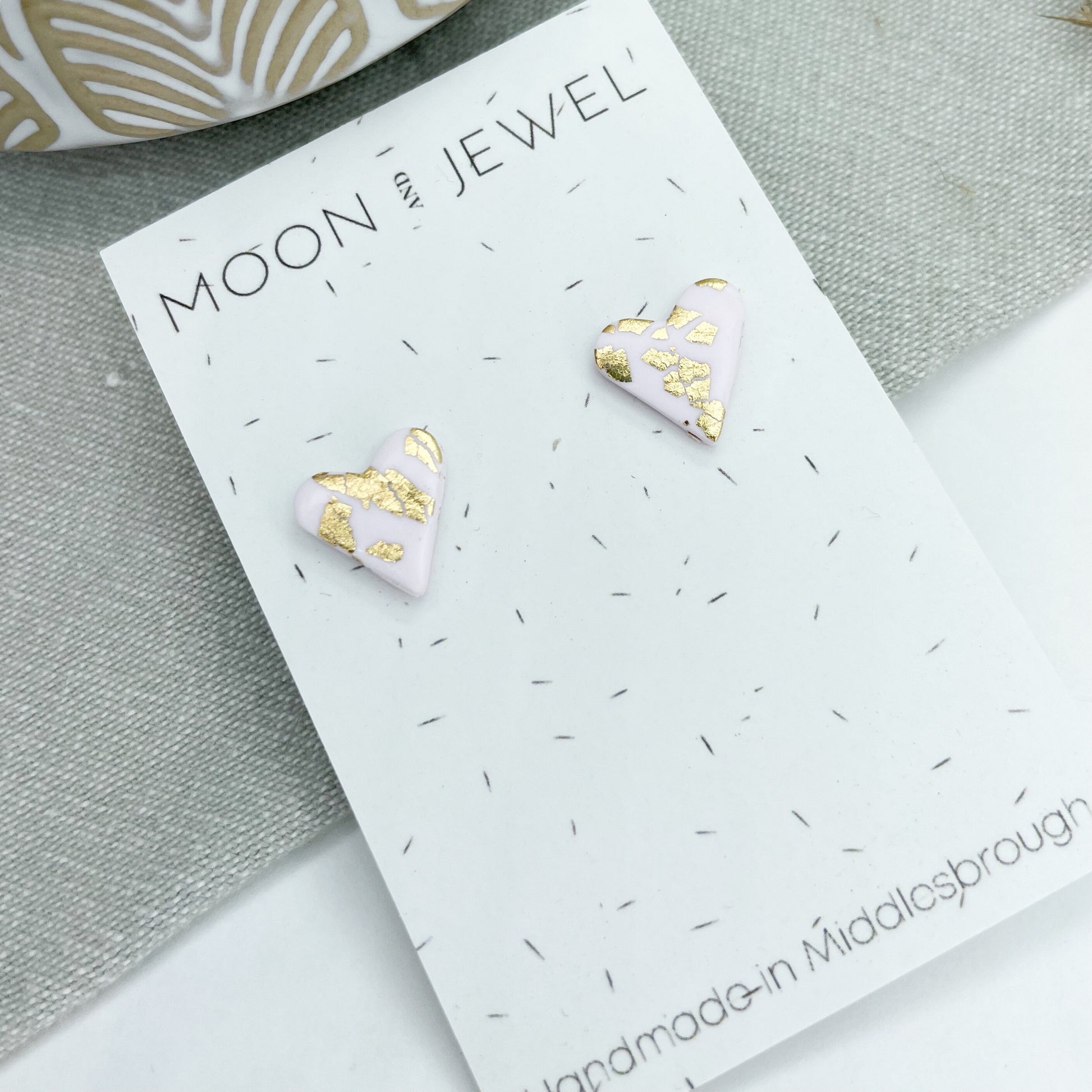 Pink and gold leaf heart earrings, polymer clay stud earrings, birthday gift, girlfriend gift, Valentine’s gift, galentine’s gift