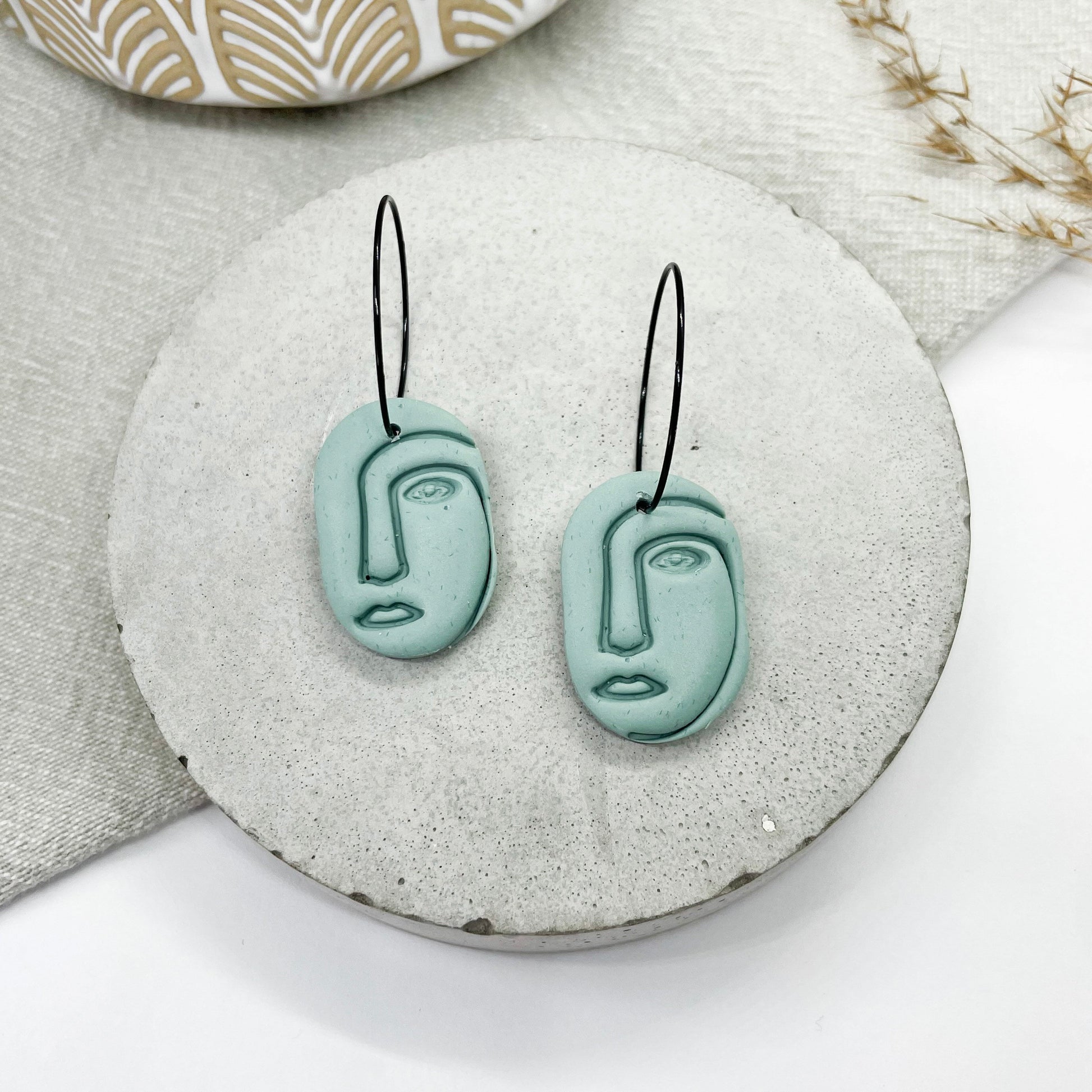 polymer clay face earrings, green embossed, boho style, nickel free brass hoop, post box gift, best friend birthday gift, Christmas gift